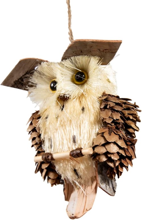 Cartanfill Woodland Animal Owl Ornaments - Set of 6 Assorted Wood & Sisal for Christmas & Thanksgiving