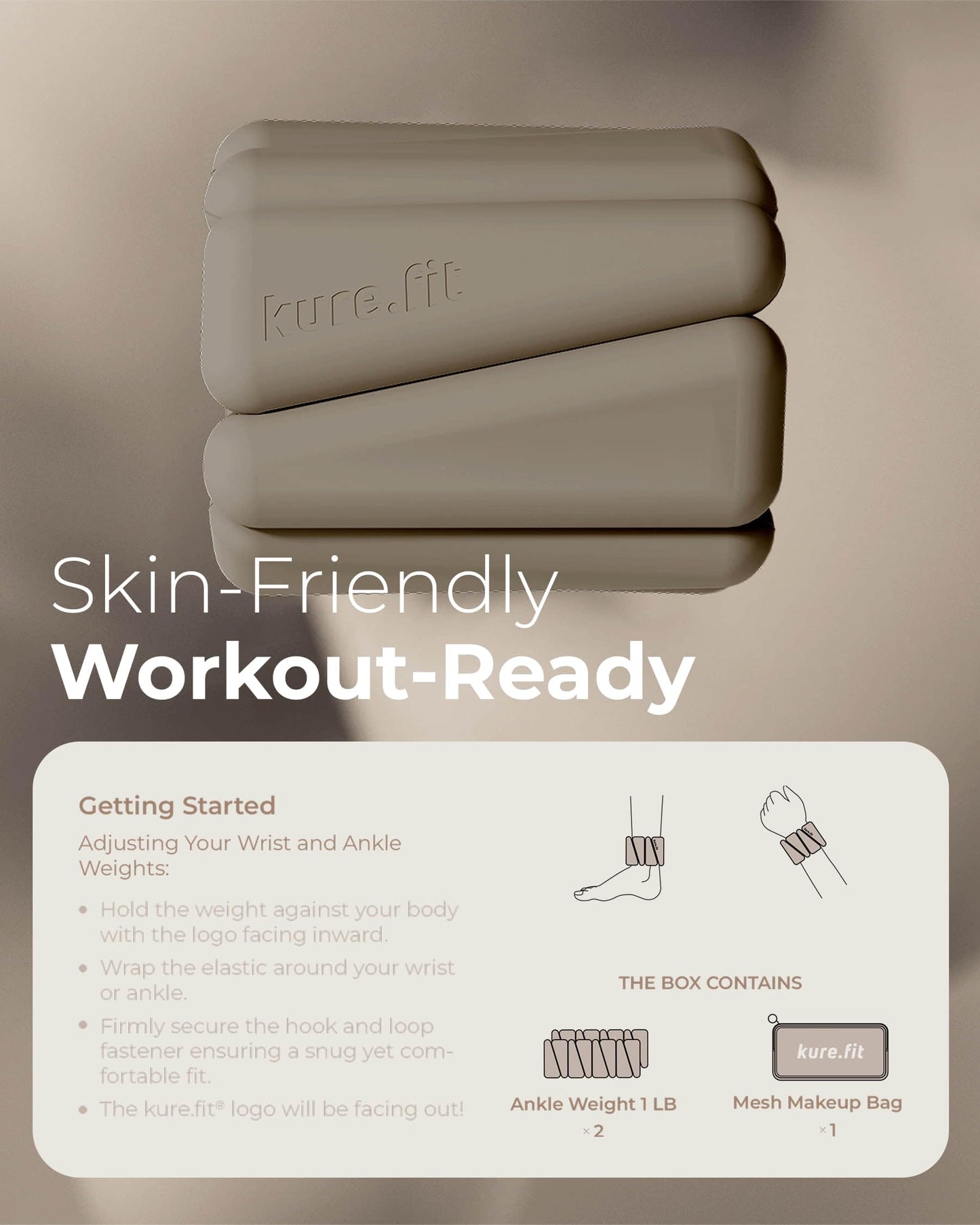 kure.fit Weighted Bangles | Adjustable Wrist and Ankle Weights for Women 1LB Each (Set of 2) | Ankle Weights for Yoga, Pilates & Walking | Leg & Arm Weights for Men | Home & Gym Workouts | Taupe