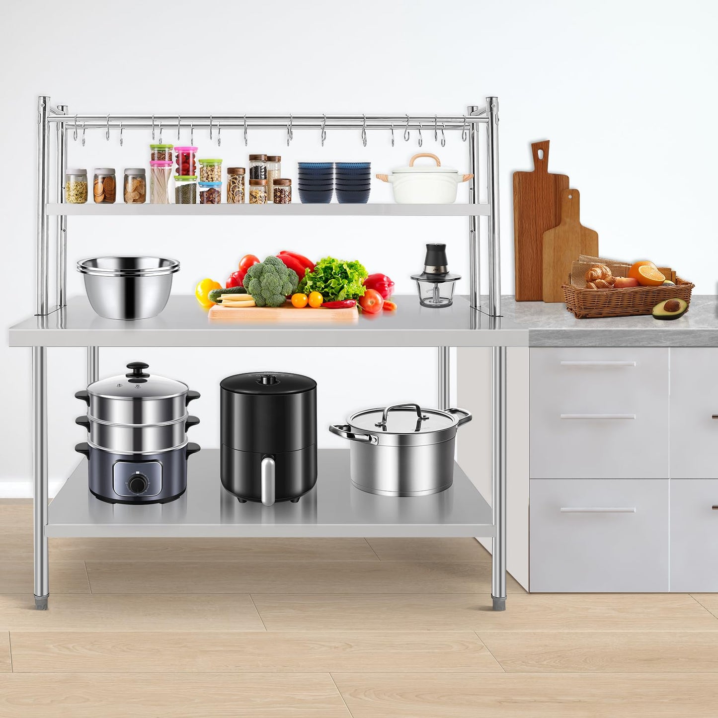 BouPower 60" x 36" Stainless Steel Table with Shelves, Commercial Work Table with 2-Tier Adjustable Overshelves, Heavy Duty Metal Prep Tables for Commercial Kitchen Restaurant Garage Warehouse