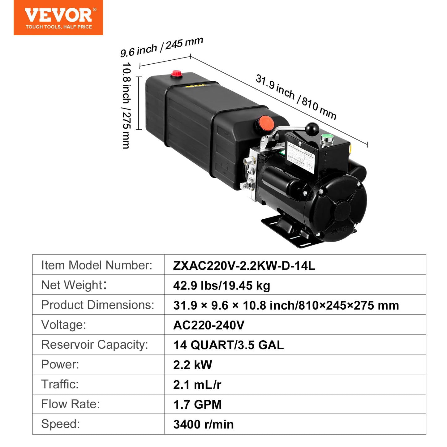 Mophorn Hydraulic Pump 2950 PSI 60HZ Hydraulic Power Unit 3 HP 220V Hydraulic Power Pack for 2 & 4 Post Lifts Car Lift Hydraulic Power Unit with 3.5 Gallon Reservoir