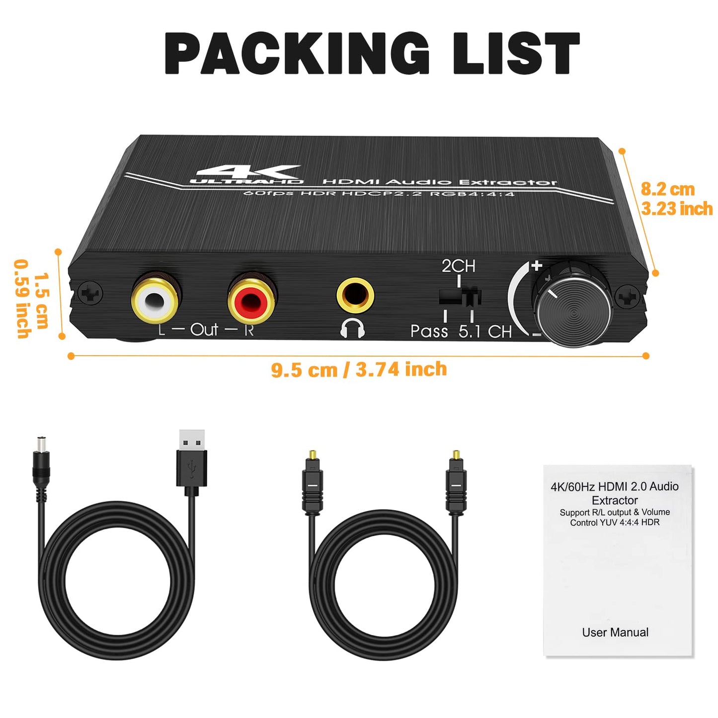 4K 3.5mm 4K@60Hz 2.2 3D 4:4:4 Tendak HDMI Audio Extractor, HDMI to Optical SPDIF + Stereo + RCA L/R Audio Adapter