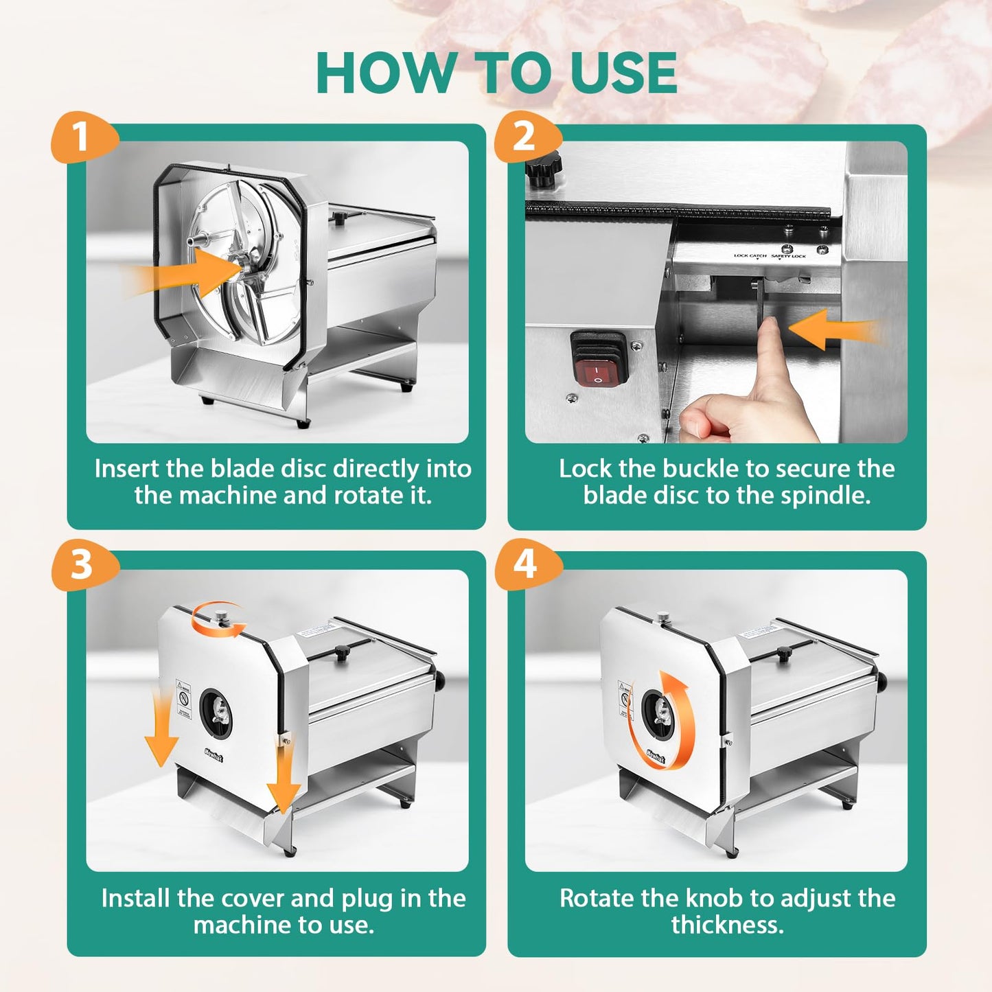 Newhai Commercial Deli Food Slicer Automatic Cooked Pork Beef Cutter Electric Vegetable & Fruit Slicing Machine 0-10mm Thickness Adjustable Commercial Block Cheese Cutter for Lunch Meat Ham Sauage