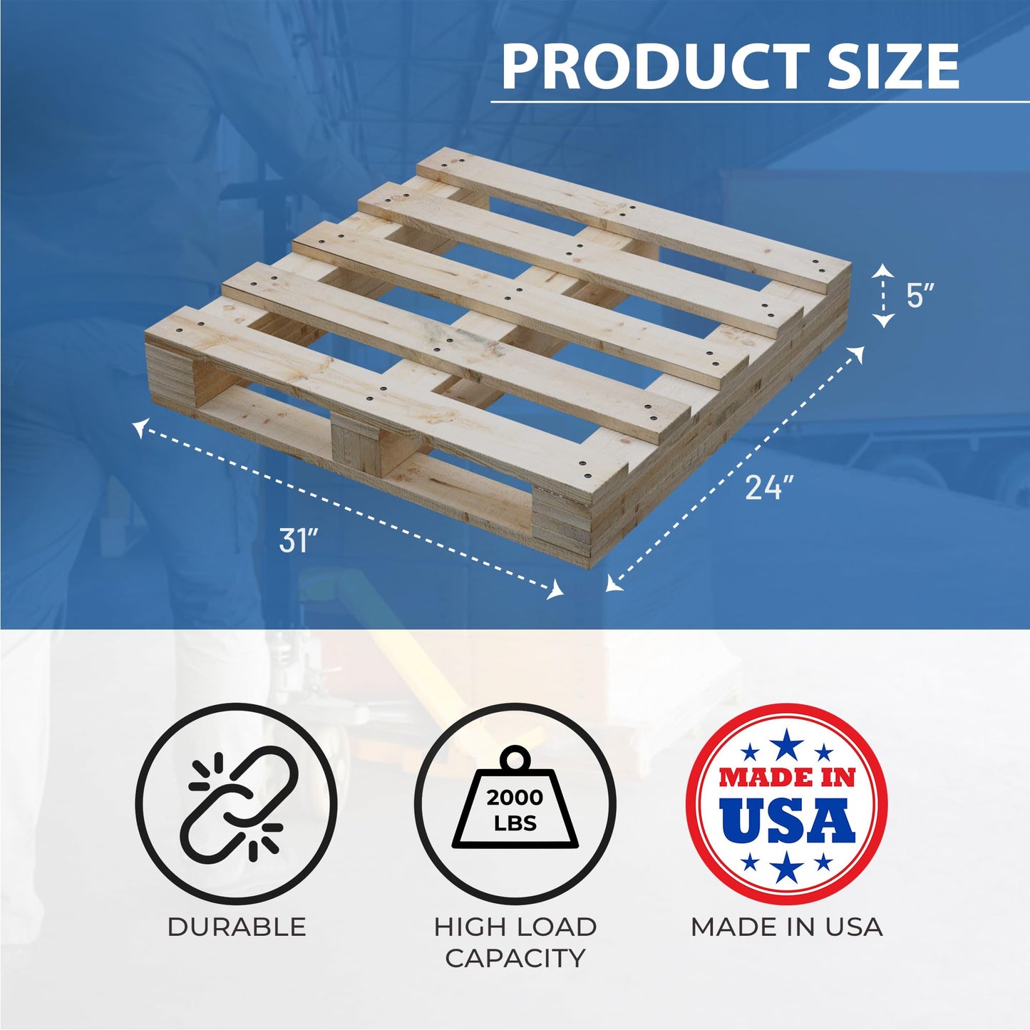 Treaton, Heavy-Duty 2-Way Entry Wooden Pallet – 31x24x5”, Industrial-Grade Hardwood Shipping Pallet, Durable, Reusable, Stackable, Easy to Handle, Commercial Use as a Floor-Pallet, 5 Pack