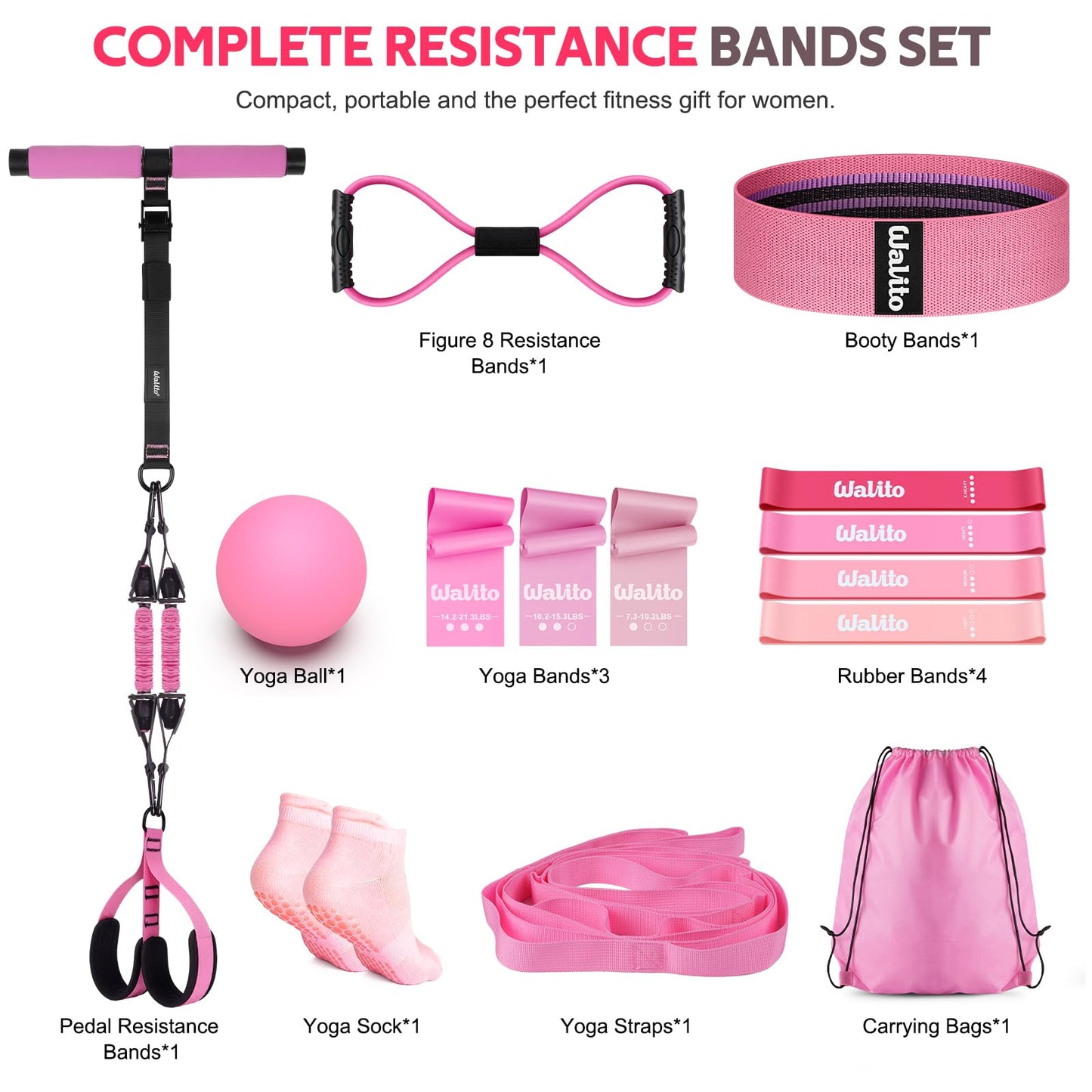 WALITO 15 PCS Pilates Kit, Adjustable Pedal Resistance Band with Handle, Figure 8 Resistance Band for Exercise Women, At Home Workout Equipment Set with Yoga Ball & Booty Bands for Full Body Gym