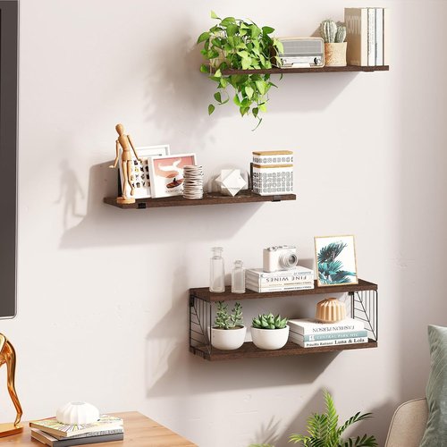 Fixwal Floating Bathroom Shelves - Rustic Wood Wall Decor for Bathroom, Living Room & Kitchen | 15.8in Dark Brown, 3 Plus 1 Tier