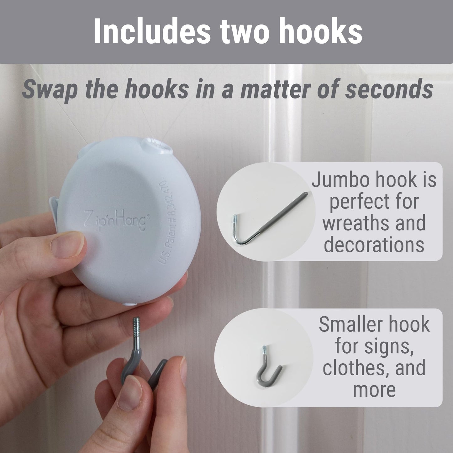Zip 'n Hang Wreath Hanger for Front Door – Damage Free Adjustable Door Wreath Hanger for Glass, Screen & Standard Doors, Christmas Wreath & Decor Hook (White - 1 Pack)