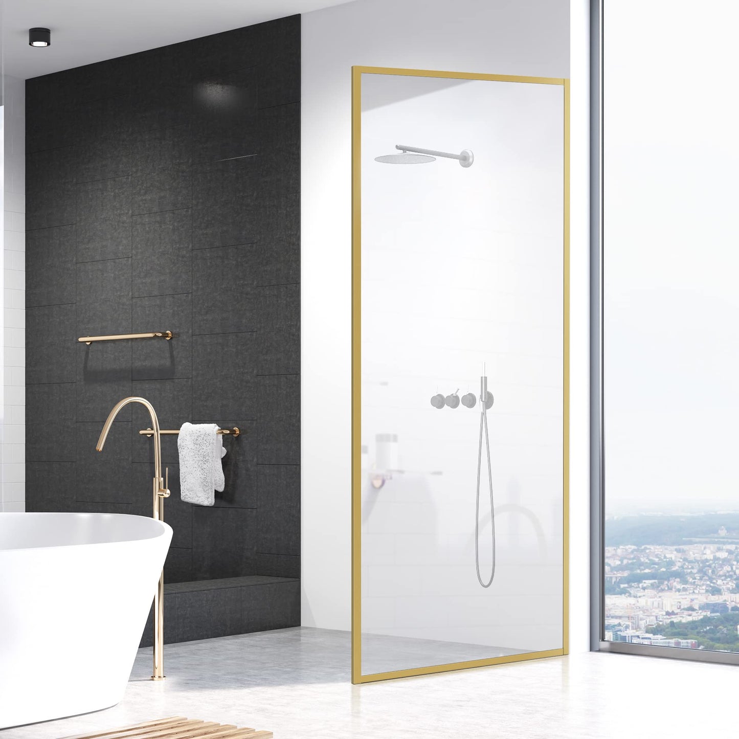 Bathroom Fixed Glass Shower Wall Panels, 34 in W x 74 in H Framed Tempered Shower Glass Panel for Open Walk-in Bathroom and Bathtub, Clear Glass Shower Panel with Matte Brushed Gold Finish