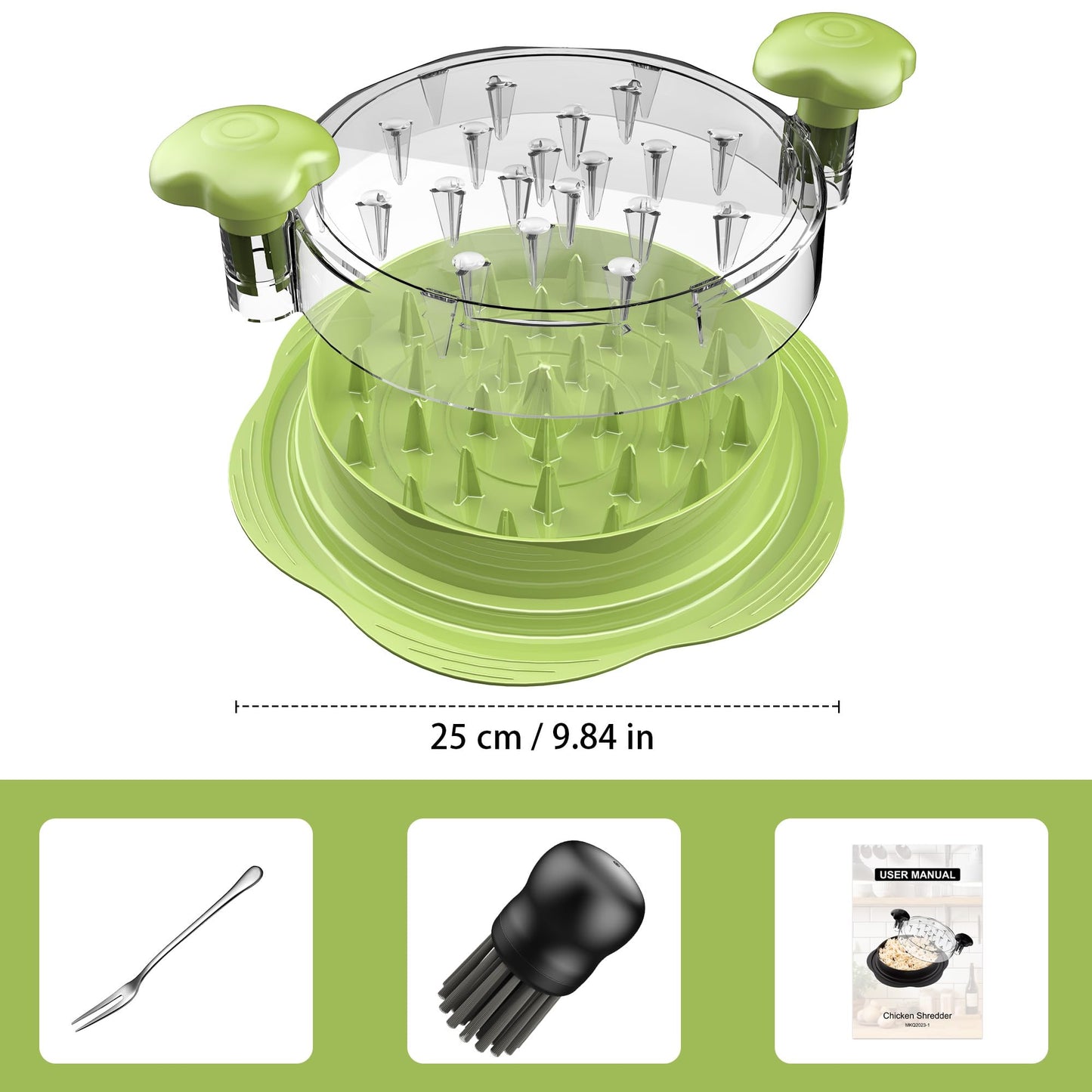 SURETIVIAN Chicken Shredder Tool Twist Large Chicken Breast Shredder with Brush&Fork, Visible Meat Shredder Machine, Anti-Slip Strip, Ergonomic Handle, BPA Free, Suitable for Pork Beef Chicken(Matcha)