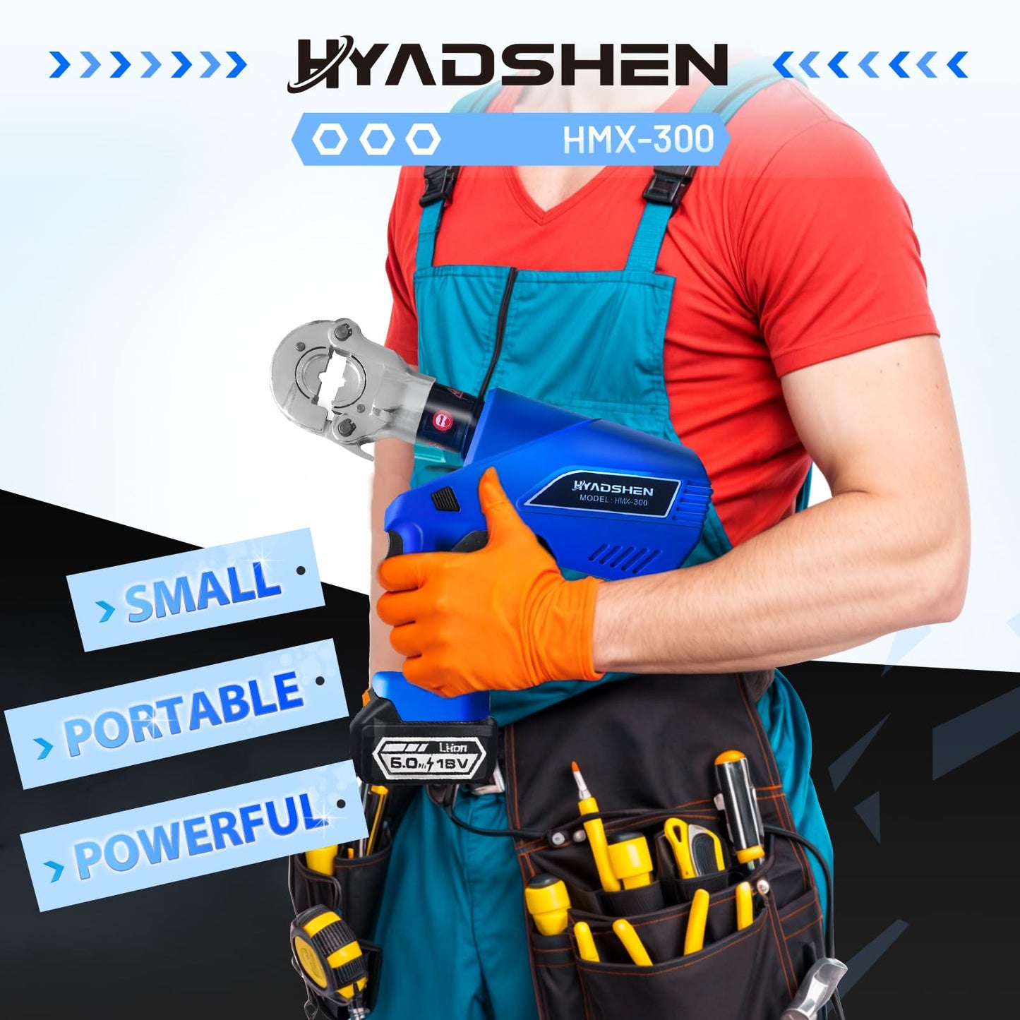 HYADSHEN Electric Hydraulic Cable Lug Crimper Pliers Rechargeable Crimping Tool 6 Ton Electrical Terminal Cable Wire Fiber Crimper Kit with 11 Dies (HMX-300)