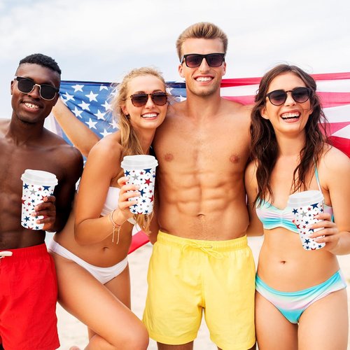 FYSUIMU 50-Pack Patriotic Disposable Coffee Cups - 16oz Red & Blue Star Design for 4th of July Celebrations