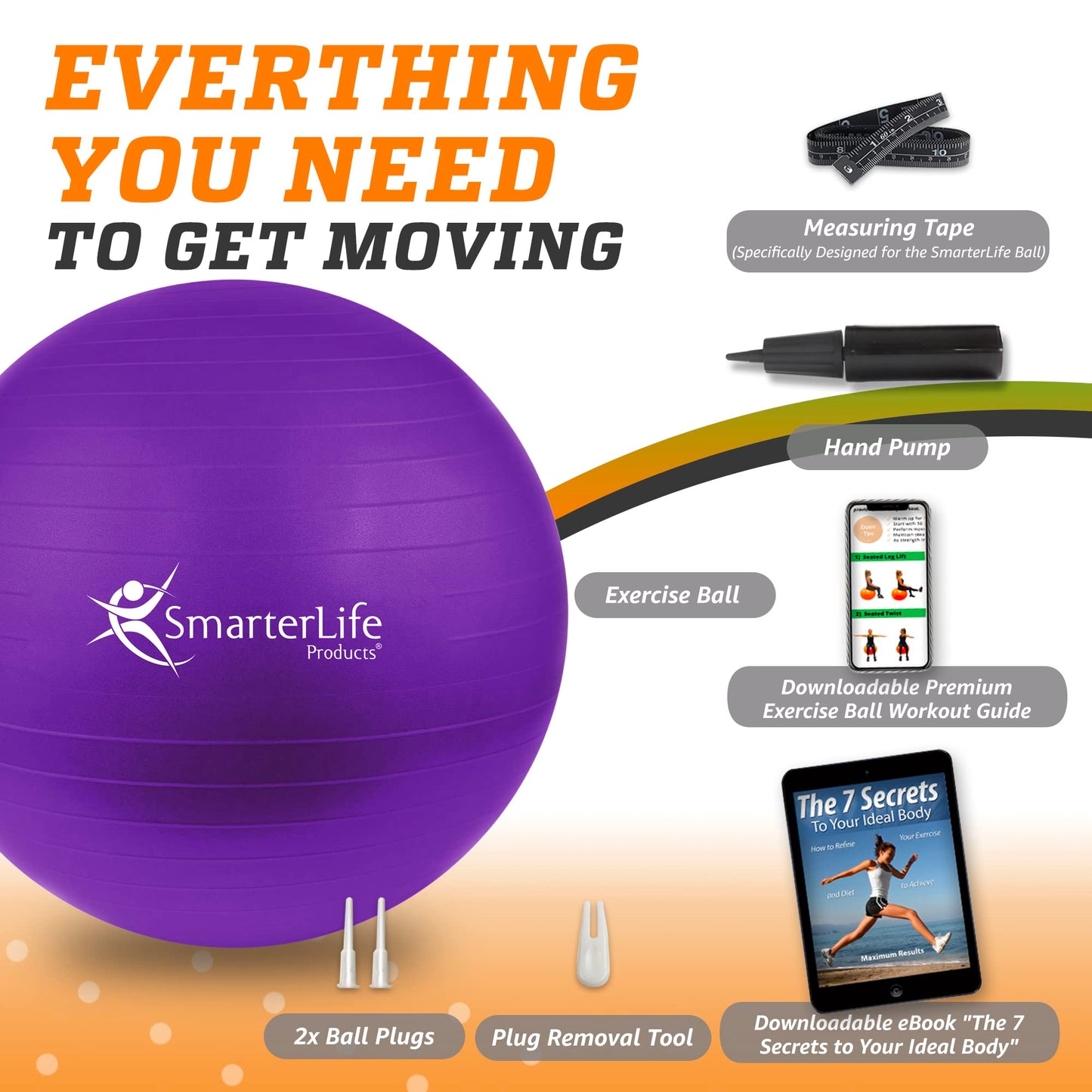 SmarterLife Exercise Ball Yoga Ball for Fitness, Balance, Stability, or Pregnancy, Gym Ball for Core Workout, Physical Therapy, Yoga Ball Chair for Office, Anti-Slip Anti-Burst (65 cm, Purple)