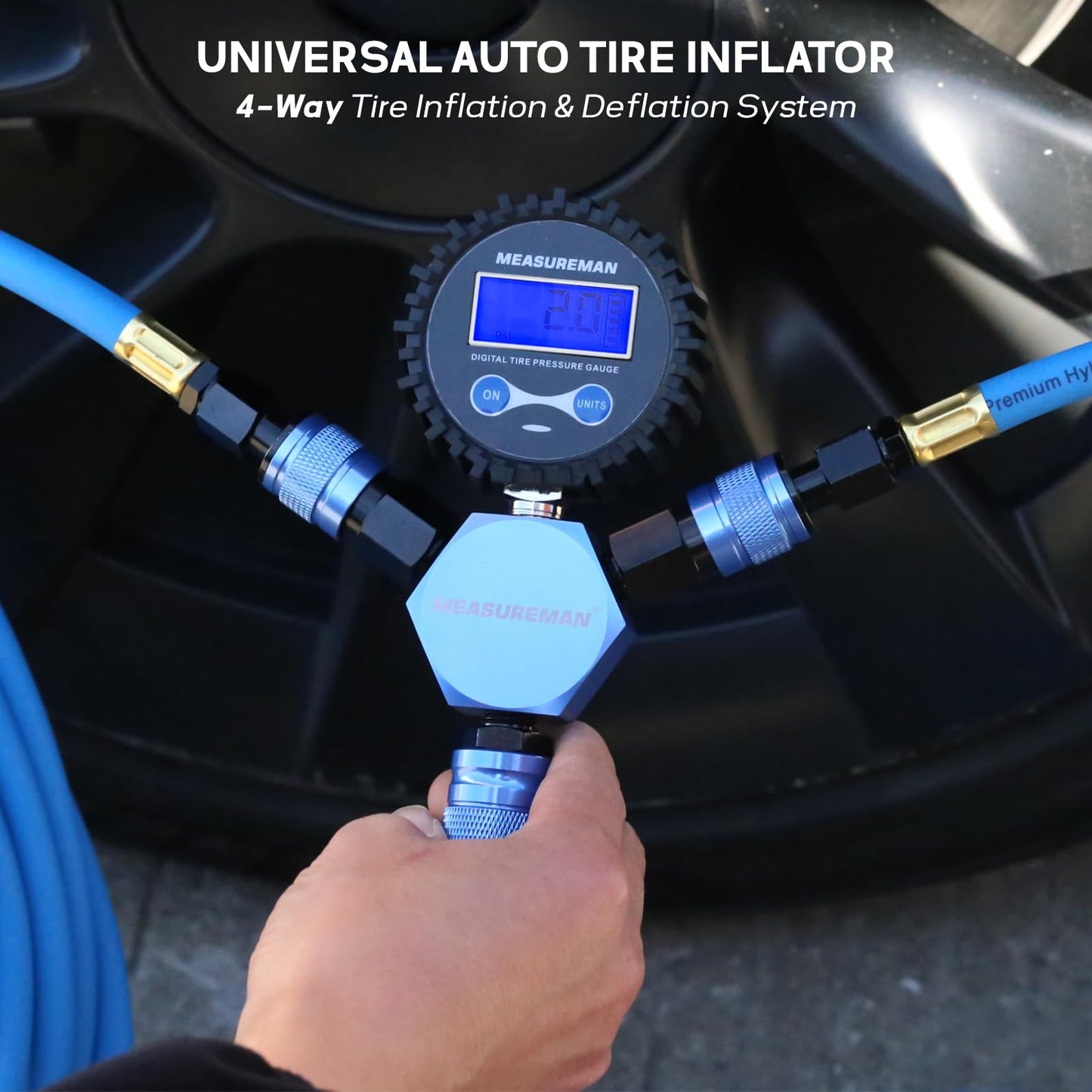MEASUREMAN 4-Wheel Rapid Air System, 4 Units & LCD Backlight, Portable Off-Road Tire Inflation Deflation Kit with Digital Equalizer Gauge for Overlanding and Vehicle Adjustment