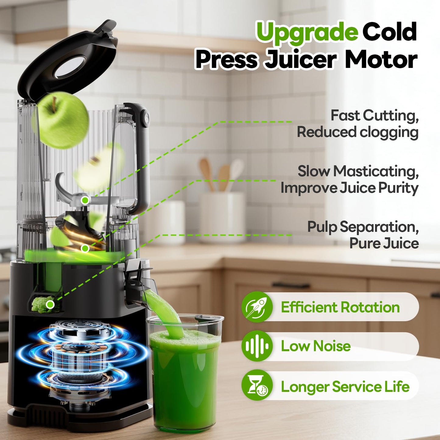 ECOSELF 3-in-1 Juicer with 3 Filters (Juice/Sorbet/Nut Milk), 6.0" Wide Mouth Hopper, Juicer Machines With Self Feeding & Hands-Free, Cold Press Juicer for Family Party, High Juice Yield, With Brush
