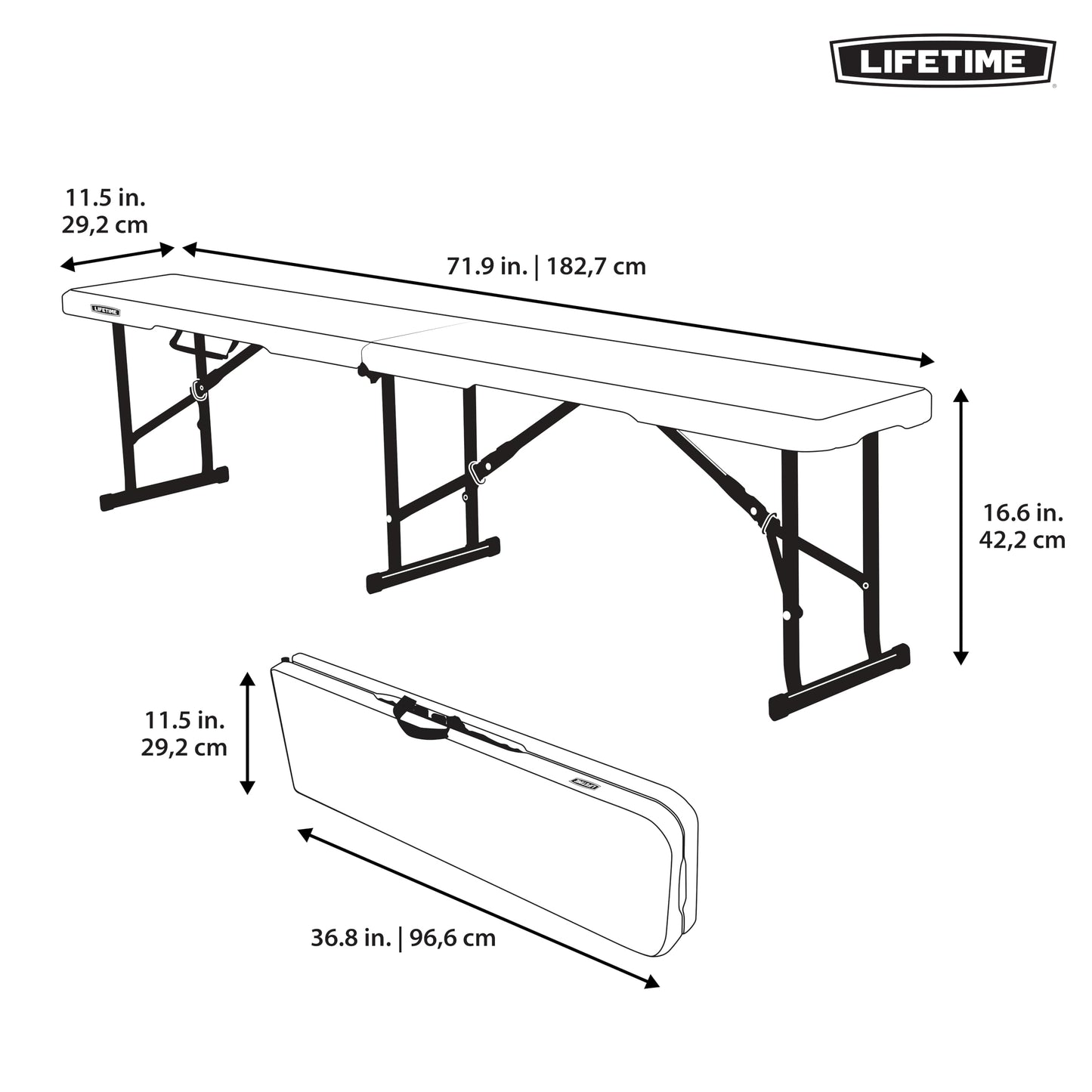 LIFETIME Portable Folding Bench, 6‑Foot Fold‑in‑Half, UV‑Resistant Seat, Powder‑Coated Steel Frame, Lightweight, Stain‑Resistant, Non‑Marring Foot Caps, Indoor/Outdoor Portable Seating
