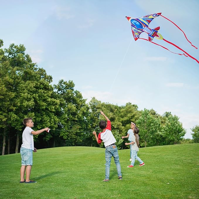 Kite Airplane Kite for Boys and Girls, Easy to Fly with Kites for Kids Ages 4-8, Beach Flying Kites for Outdoor Trip Park Family Game (Fighter Plane-Red)
