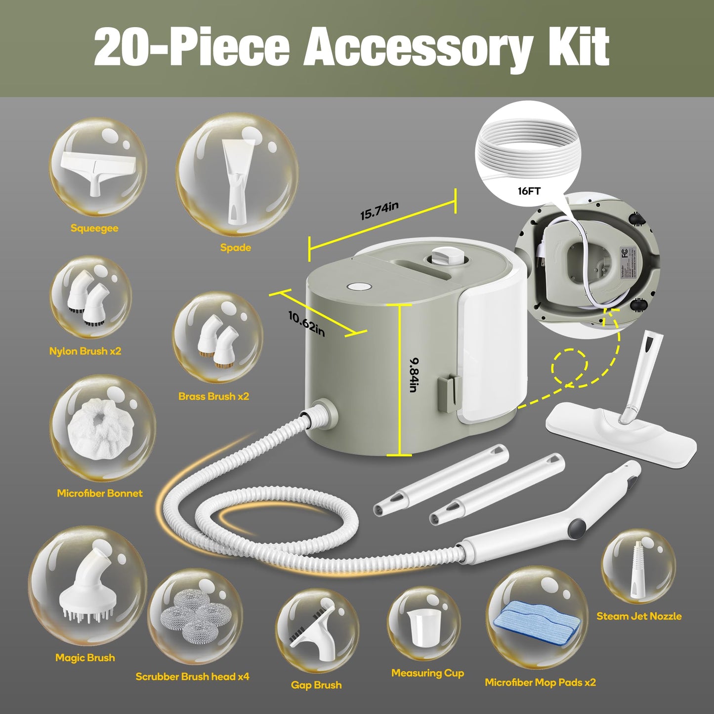 Newbealer Heavy-Duty Steam Cleaner for Home, Stainless Steel Boiler, Steam Mop with 20-Piece Accessories, Max 5 Bar, Multi-Purpose Steamer for Floors, Cars, Furniture, Tiles, and More