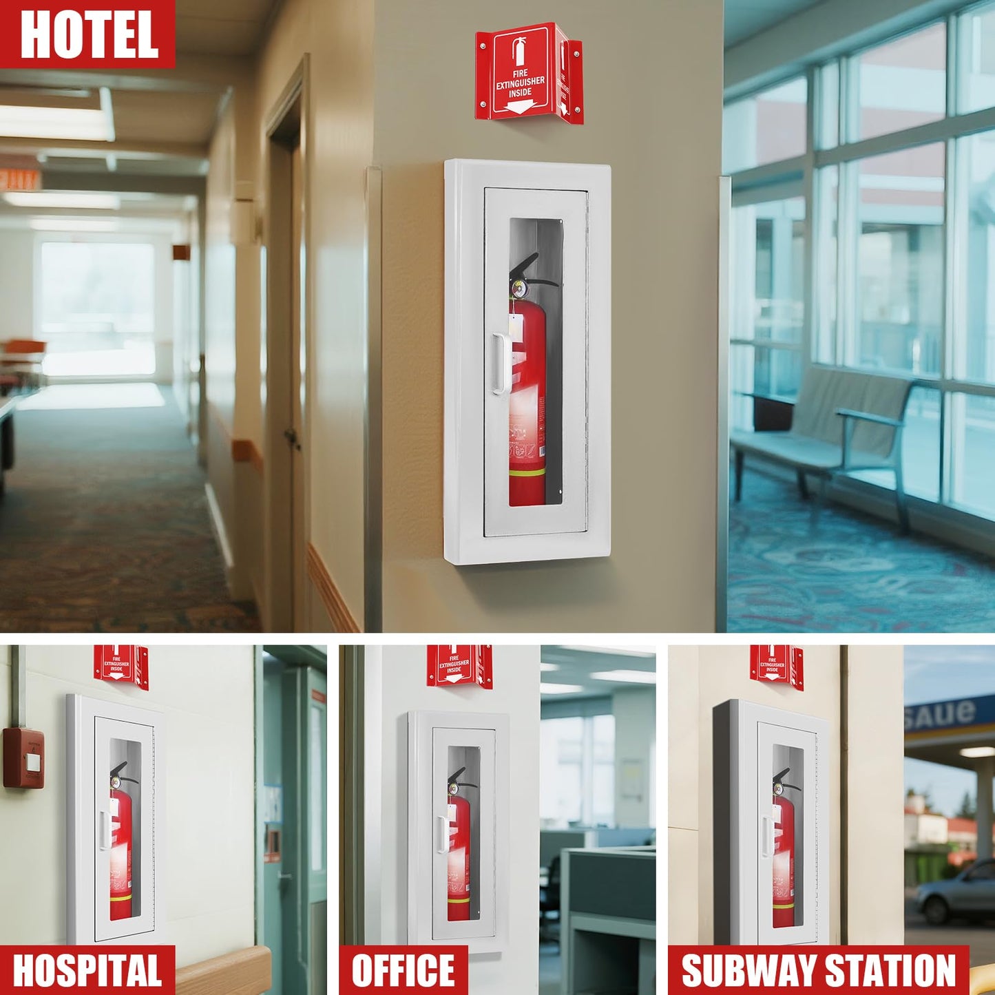Tripolss Fire Extinguisher Recessed Wall Cabinet, Galvanization Steel Fire Extinguisher Box with Magnetic Door, Suitable for 10 Lb Fire Extinguishers, Equipped Acrylic High-Position Sign (White)