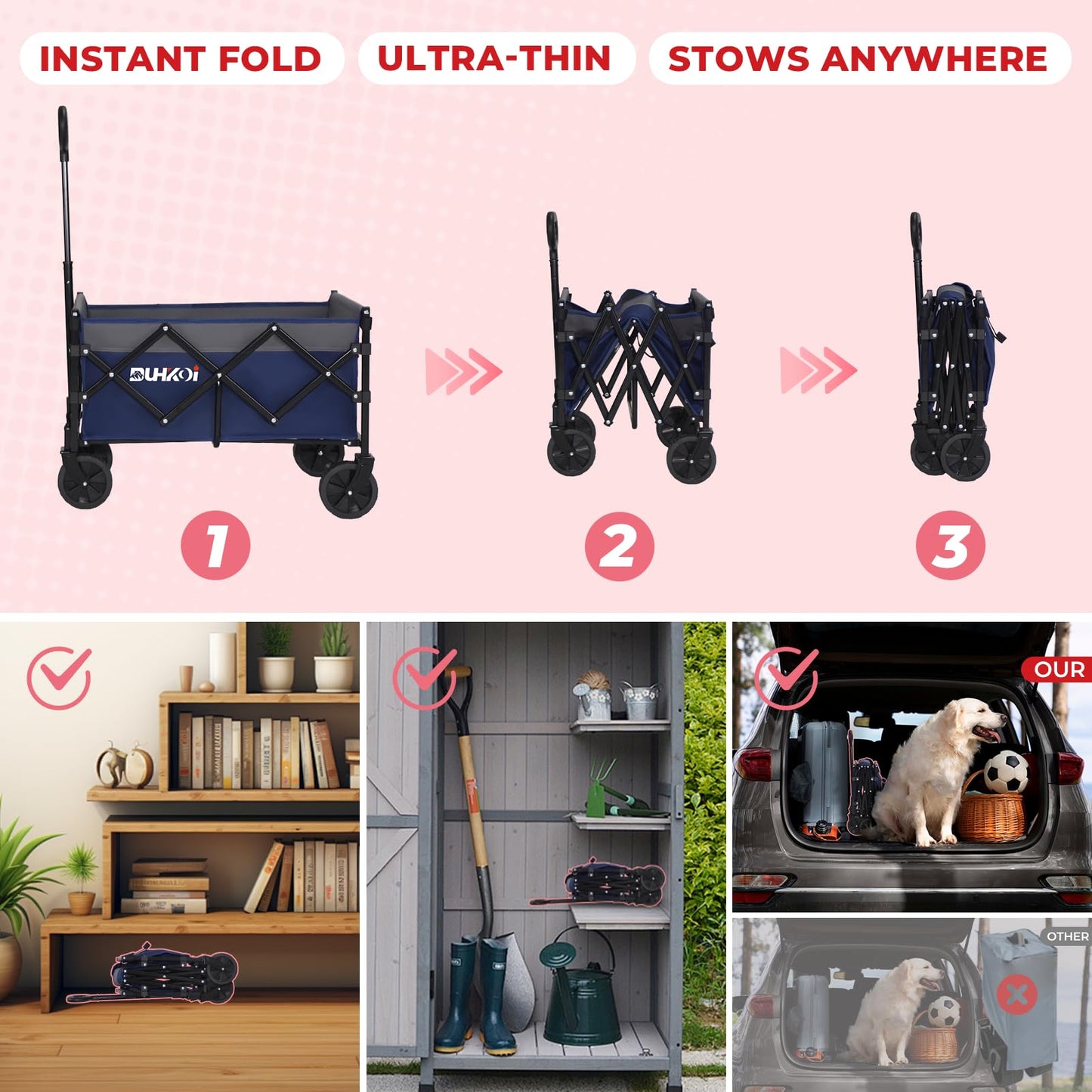DUHKOI Collapsible Wagon Cart with Wheels Foldable,11 Lbs Lightweight Portable Folding Utility Wagon,90 L Heavy Duty Grocery Shopping Carts,Versatile for Garden Sports Camping Outdoor Use (Navy Gray)