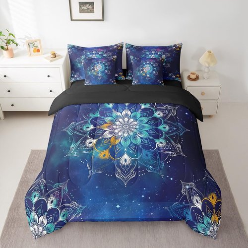 Erosebridal Exotic Flowers Bedding King Size 7pcs, Vintage Bohemian Style Lightweight Kids Teens Bed Set, Boho Galaxy Printed Bedding Sets & Collections Bed in a Bag, Blue Green Chic Bed Sheets Set