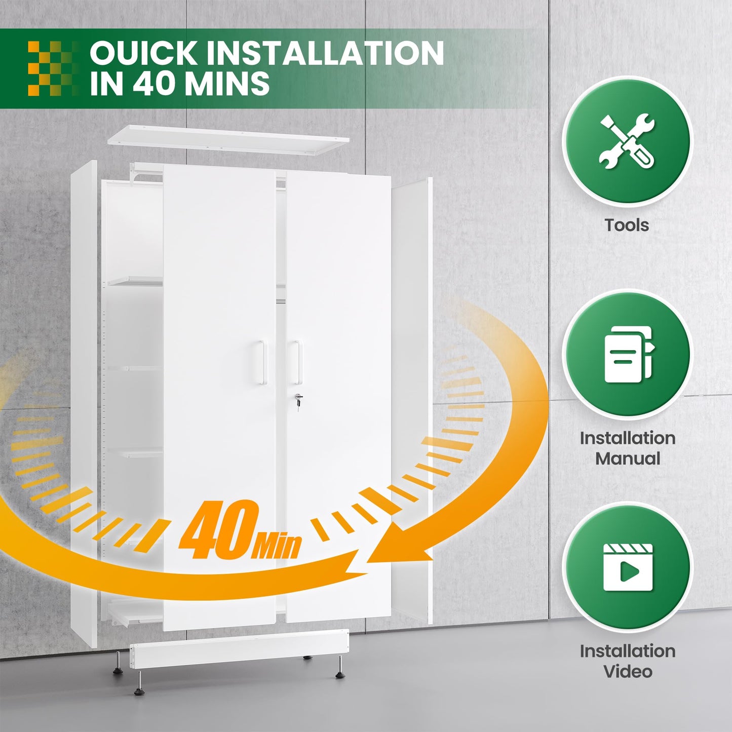 LISSIMO Broom Closet with Lock, Metal Storage Cabinet 36" Wide, 5-Tier Steel Utility Cabinet with Hanging Rod & Doors for Garage, Laundry Room, Warehouse Storage