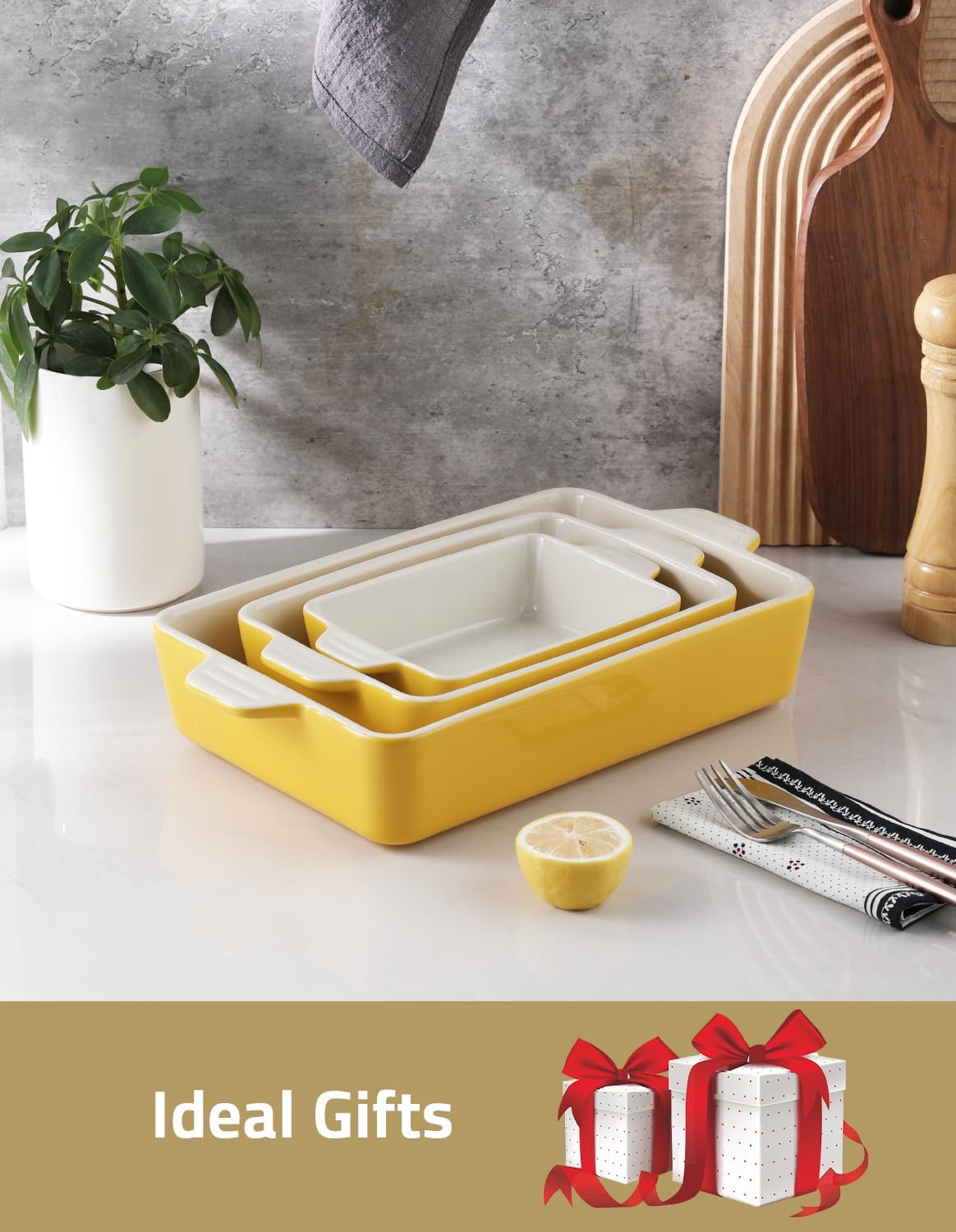 Sweejar Ceramic Bakeware Set - Rectangular Baking Dish for Lasagna & Cakes | 11.8 x 7.8 x 2.76 Inches - Yellow