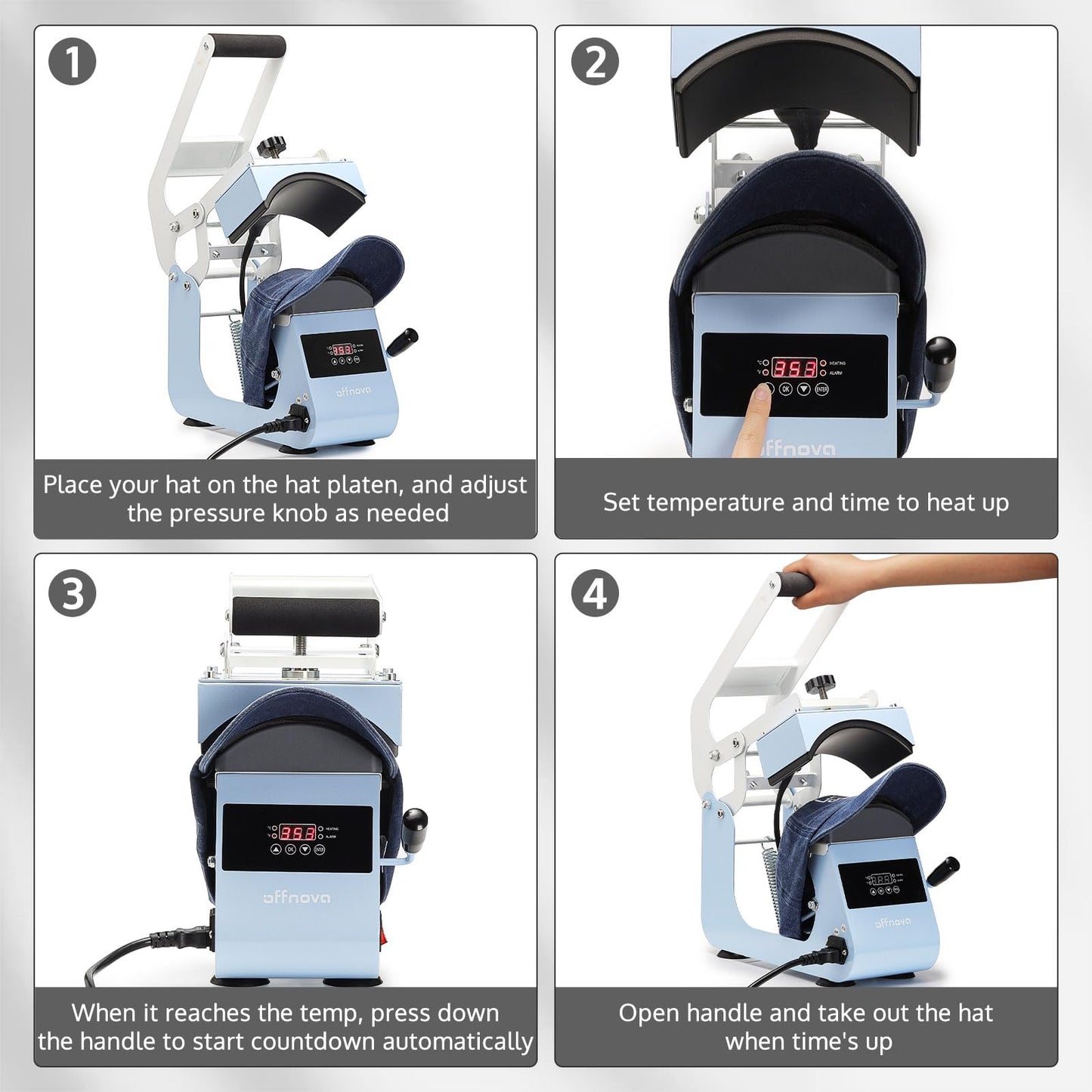 OFFNOVA Hat Heat Press Machine for Caps with 2 Interchangeable Platens, Temp & Time Control with Auto Countdown, Efficient Heat Transfer for HTV Iron On and Sublimation Projects (Handle-Blue)