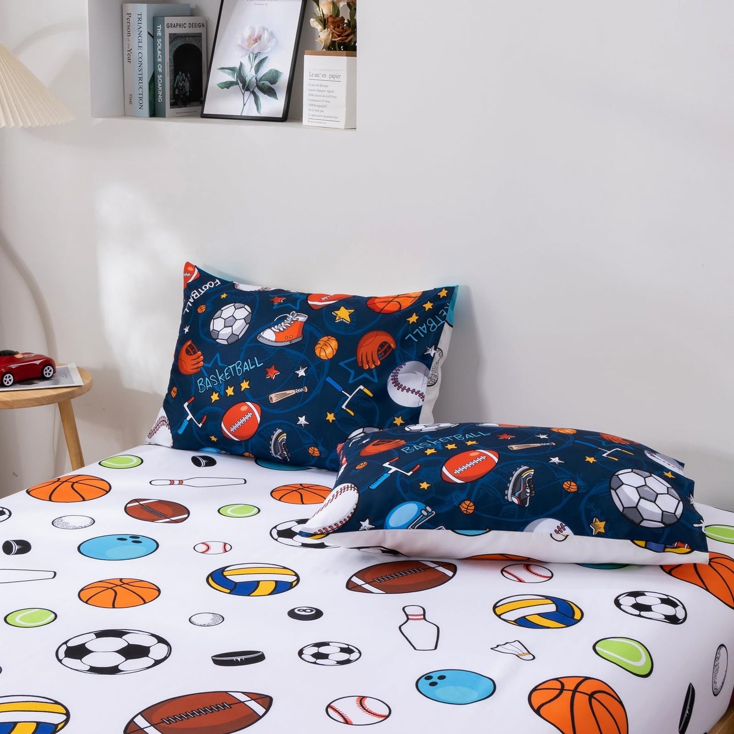 A Nice Night 6Pcs Bed in A Bag Full Sports Microfiber Modern Comforter Set,Navy Rugby Ball Printed Bedding Collections,for Boys Kids Teen