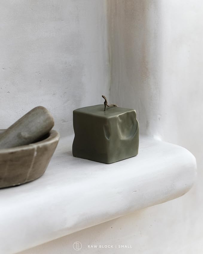 LAWA Raw Block Candle - Beautiful Handmade Pillar Scented Soy Wax Elegant Aesthetic Candle Housewarming Gift Home Room Shelf Decor Idea (Earthy Green, Small)