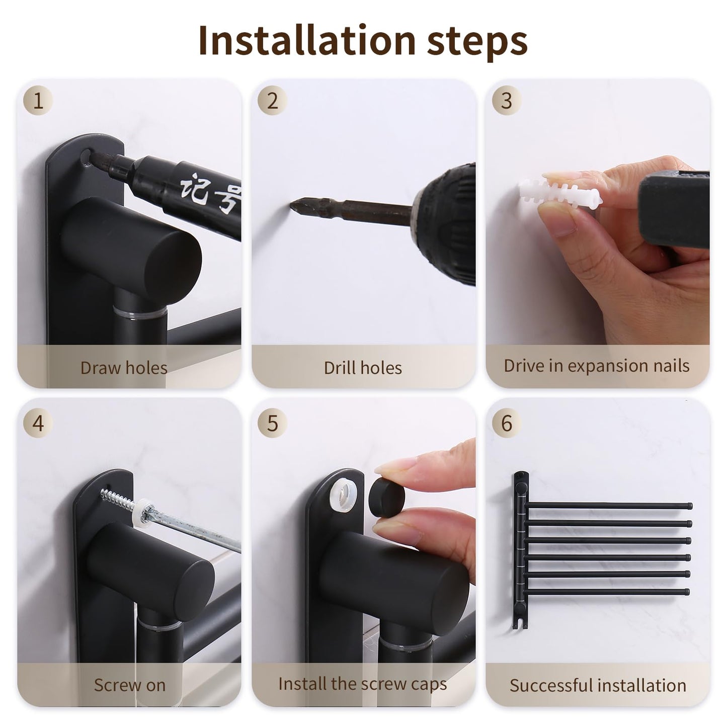 Swivel Towel Rack, 14" Thicken 304 Stainless Steel 6-Arm Adjustable Towel Bar,Wall Mounted Towel Holder with Hook, Space Saving for Kitchen, Bathroom, Outdoor (Black, 6 Arms)