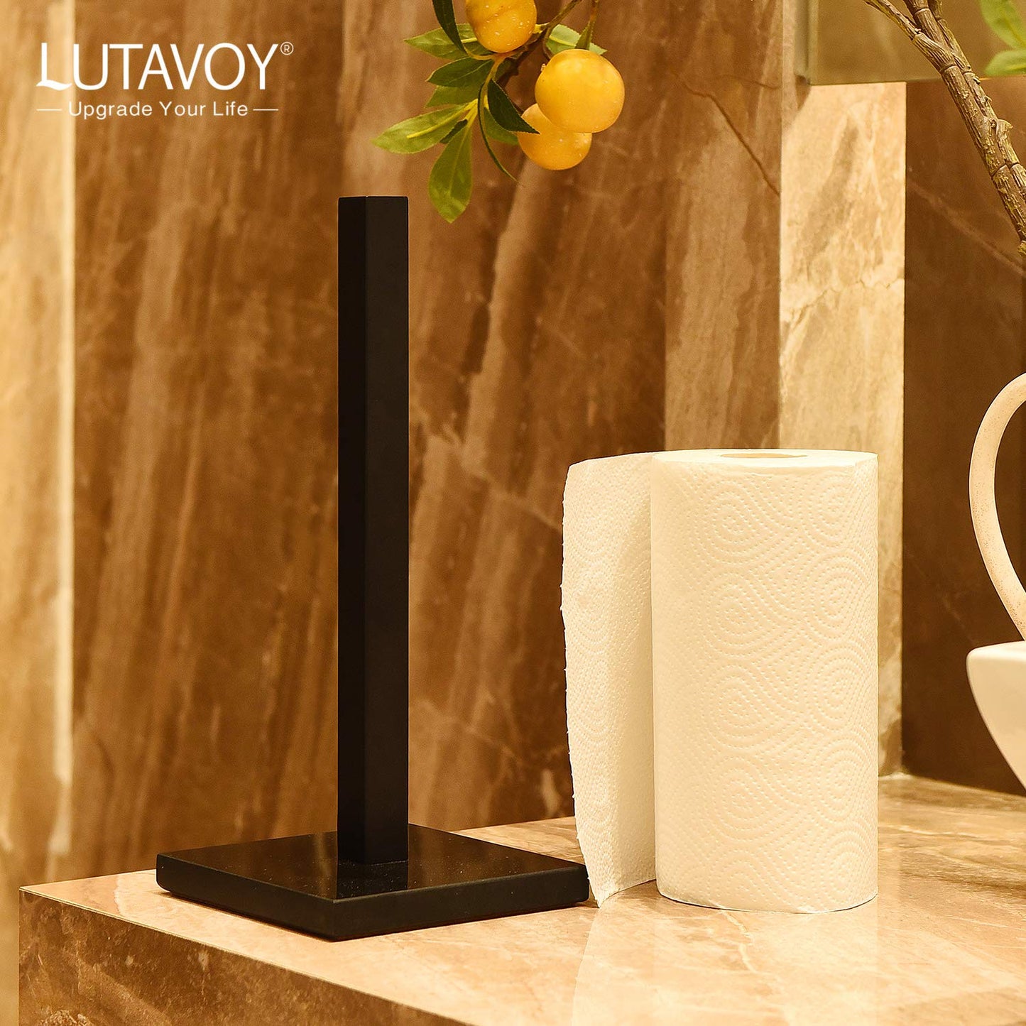LUTAVOY Paper Towel Holder Kitchen Standing Paper Towel Roll Holder with Marble Base for Bathroom Kitchen Countertop(Matt Black,Black Base KZ50)