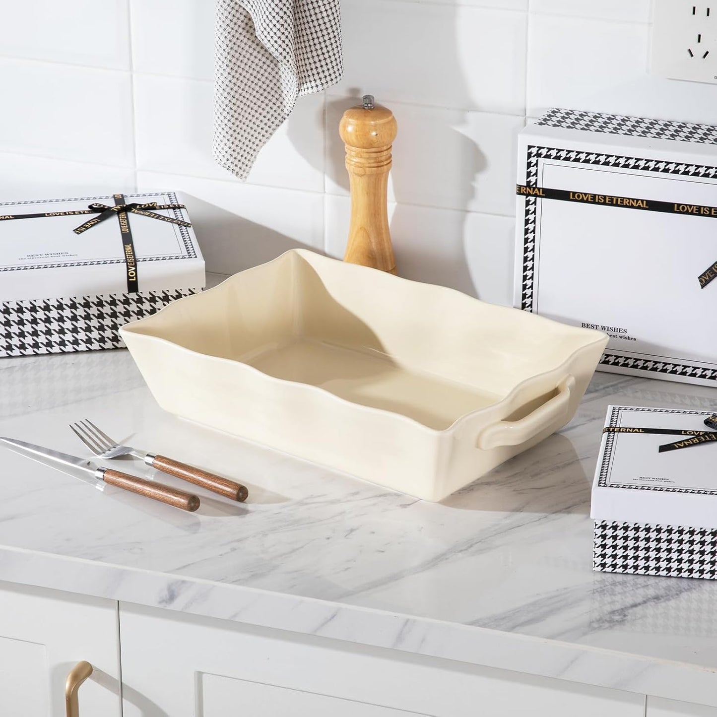 Sweejar Casserole Dishes - Ceramic 9x13 Baking Dish with Handles | Large Rectangular Lasagna Pan (Beige)