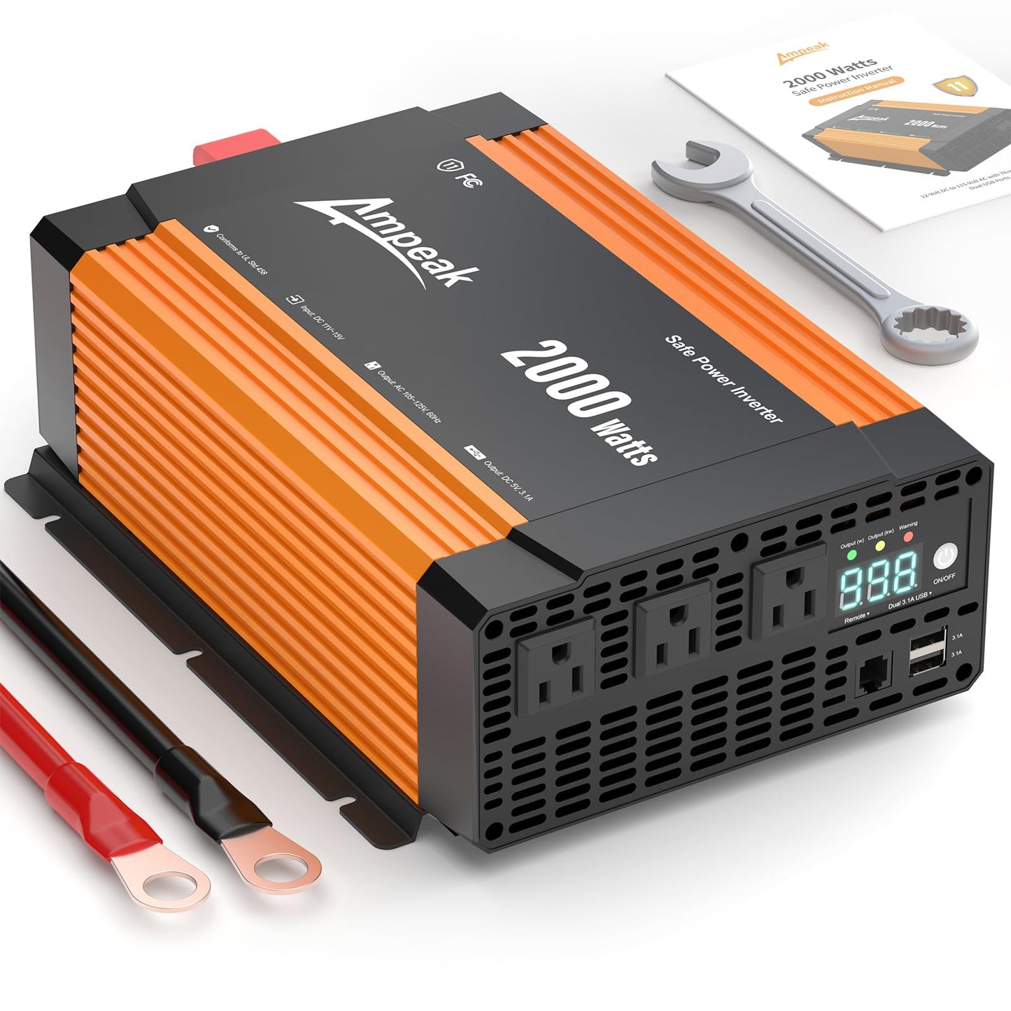 Ampeak 2000W Inverter, Car Power Inverter 12V to 120V, 89.37% High Efficiency Modified Sine Wave Inverter, 3 AC Outlets Dual USB 5V 3.1A, Surge 4000W Remote Controller for Vehicles, Truck, RV, Home