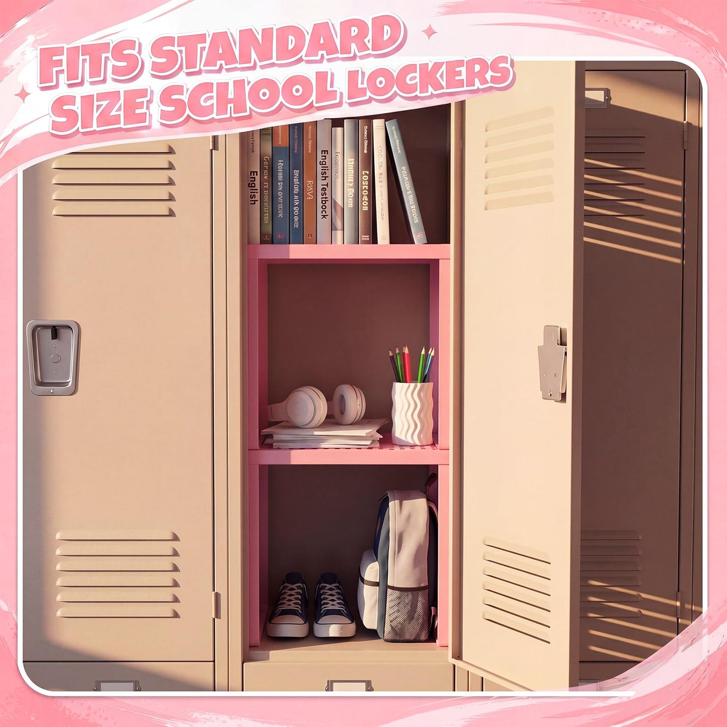 Colarr 2 Pcs Locker Organizer Shelf Stackable 2-Tier Shelves Fits Standard Size School Lockers Heavy Duty Metal Locker Shelf for School Office Gym Lockers Home Storage 11x 10 x 12 Inch(Pink)