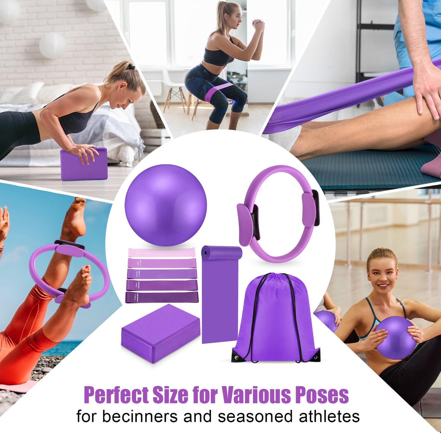 Silipull 10 Pcs Pilates Ring Blocks Set for Women Home Yoga Equipment Accessories Pilates Ring Circle and Ball Workouts Gift Include Ball Yoga Circle Resistance Bands Block Straps Gym Bag(Purple)