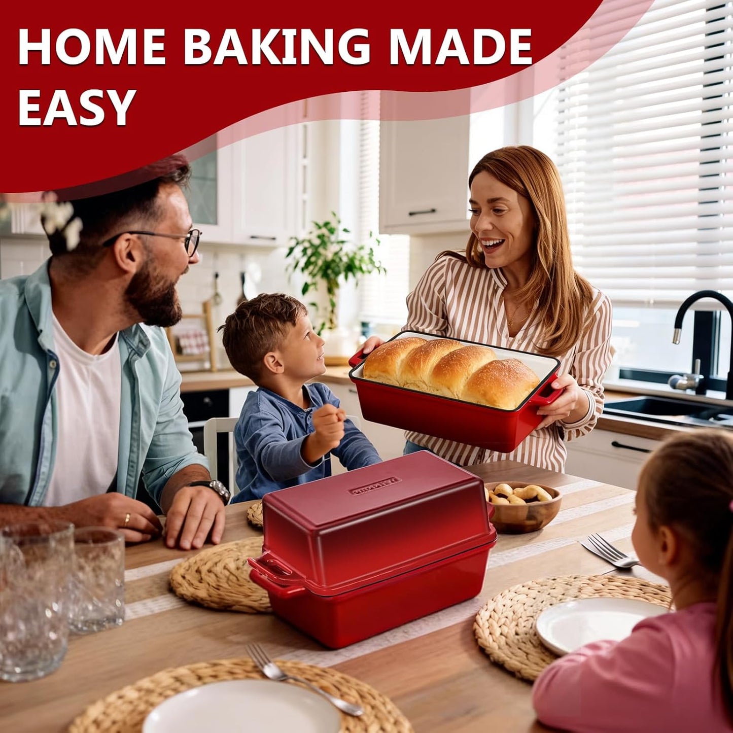 Wildone Enameled Cast Iron Bread Loaf Pan - 9x5 Sourdough Baking Set with Lid, Red, Even Heating