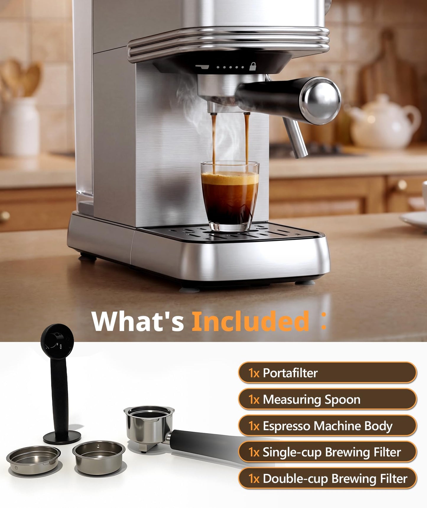 Electactic 20 Bar Espresso Machine, Compact Semi-Automatic Coffee Maker with Steam Frother & Instant Heating System, 45oz Removable Water Tank, for Cappuccino, Latte, Cold Brew, Stainless Steel