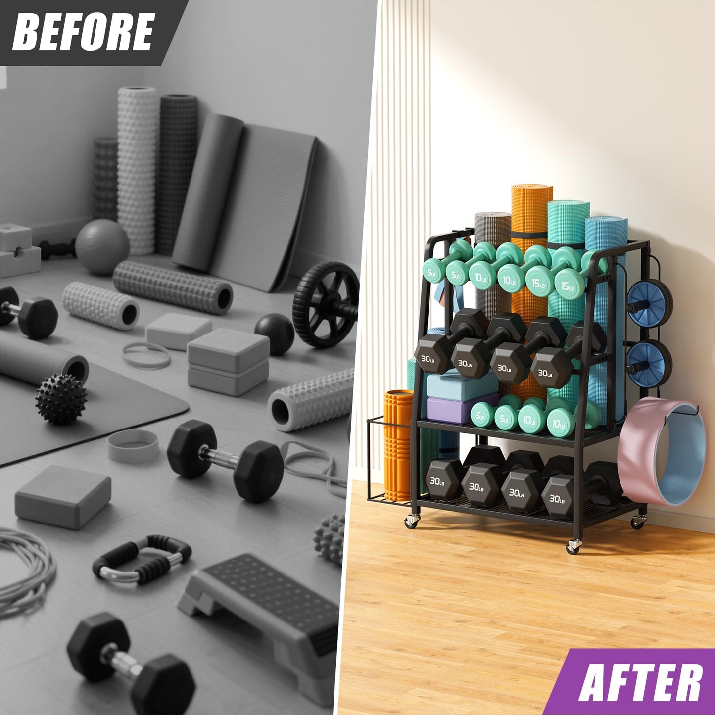 VOPEAK Dumbbell Rack for Home Gym, Adjustable Weight Rack Stand with Wheels, Heavy Duty Steel Storage Organizer for Dumbbells Kettlebells Yoga Mat, with Locking Casters & Side Hooks
