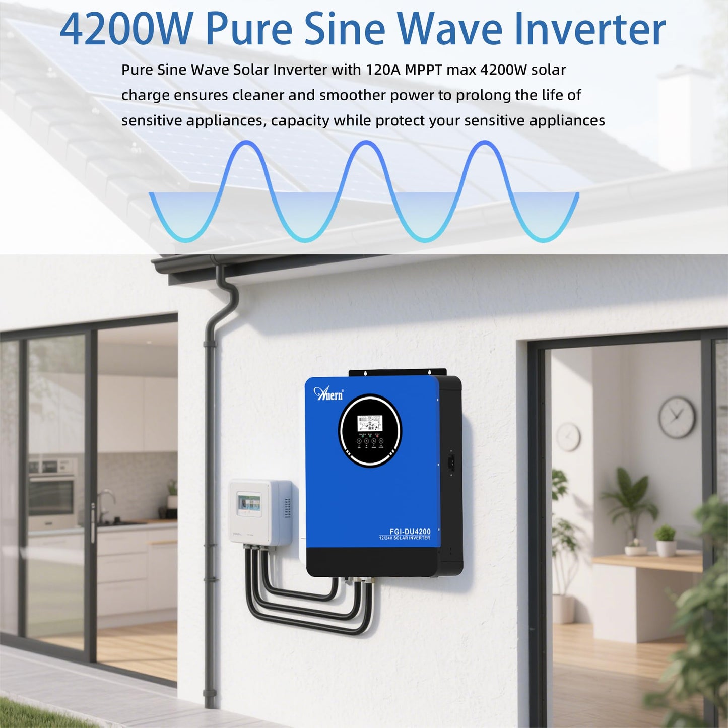 Anern Dual Voltage Hybrid Solar Inverter 4200W AC230V to DC12V/24V, Pure Sine Wave Off-Grid Inverter with 120A MPPT Solar Charge Controller, Max PV Power 4000W Input for Lithium Lead-Acid Gel Battery