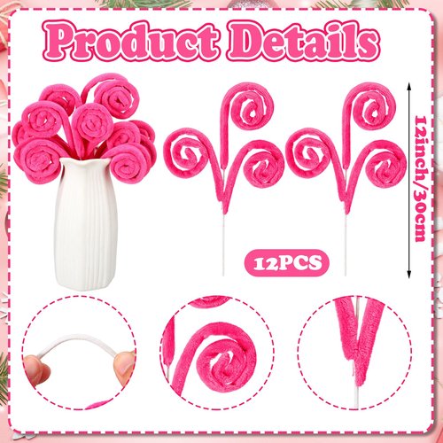 Daifunli 12 Pcs Hot Pink Curly Christmas Tree Picks Velvet Curl Decoration Spiral Curly Tree Topper Ornaments DIY Crafts for Wreath Fireplaces Vase Filler Holiday Ornament, 12 Inch