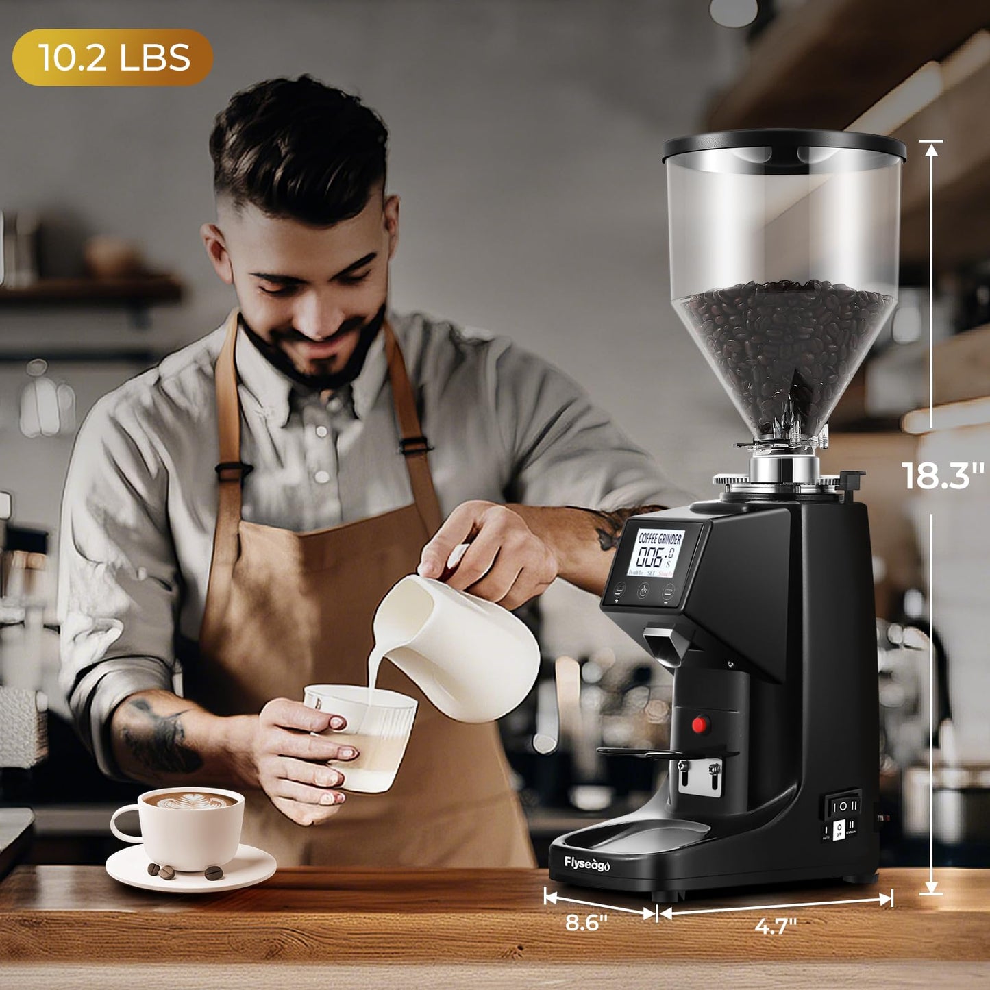 Flyseago Commercial Coffee Grinder Electric - 64mm SS Flat Burr, Digital Touch Screen, 19 Adjustable Settings, 35oz Large Hopper, Black