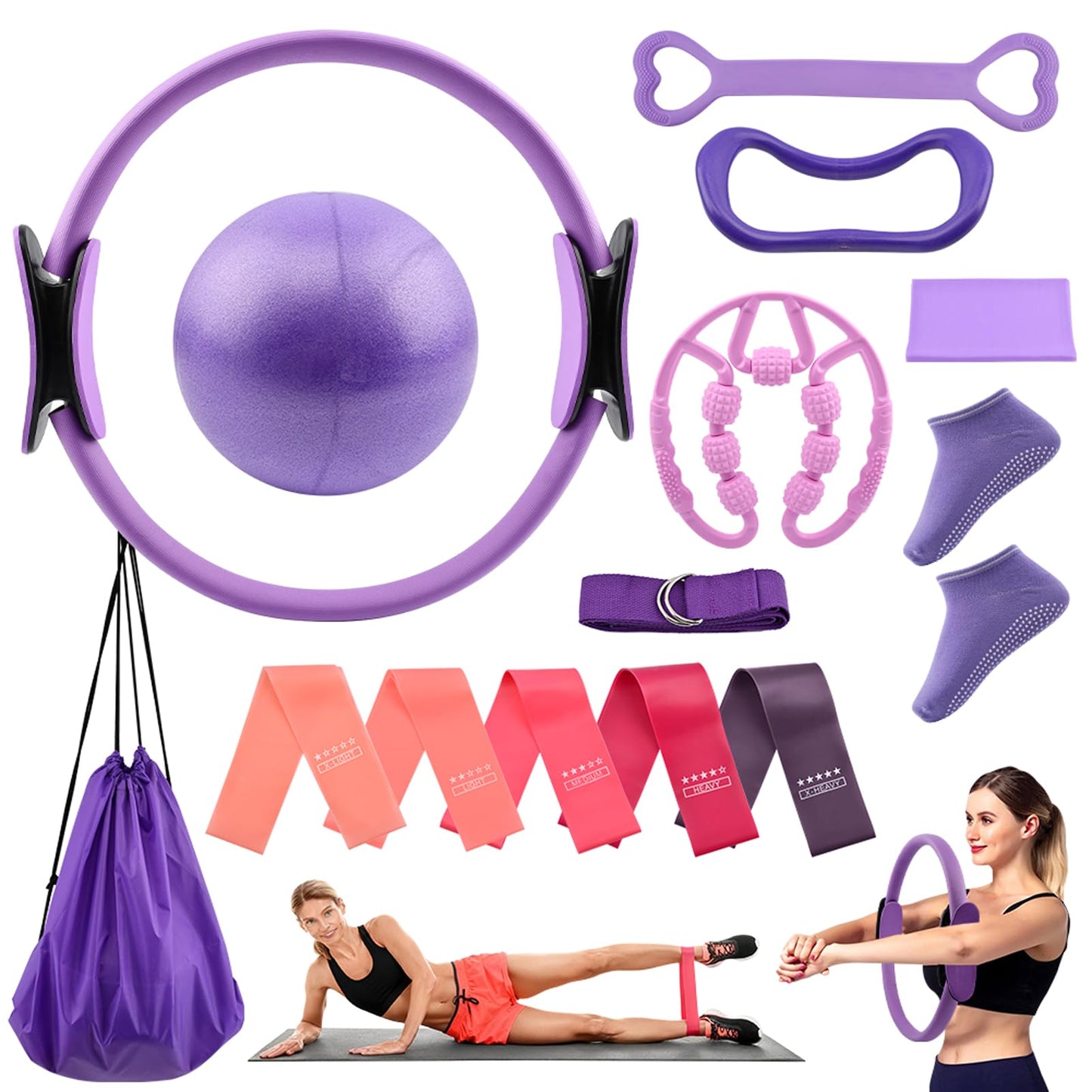 Pilates Essentials Kit for Women, 14 Pcs Pilates Equipment for Home Workouts with Yoga Circle Ball Ring, 5 Resistance Bands,Pedal Puller Resistance Band,Anti Slip Socks for Starter Set Accessories