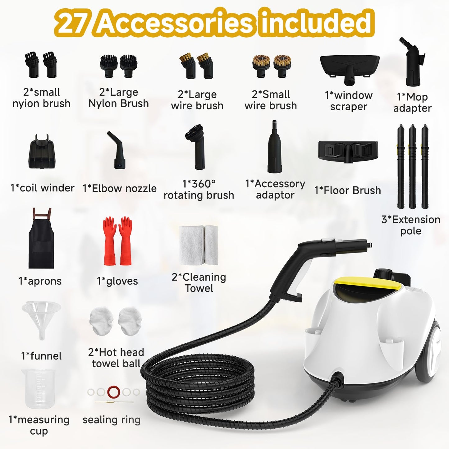 Steam Cleaner,Multipurpose Neat Canister Steamer with 27 Accessories, 5 Mins Heating with 1.5L Tank,Rolling Cleaning Machine for Carpet, Floors,Windows,Mirrors,Glass and Cars (White3)