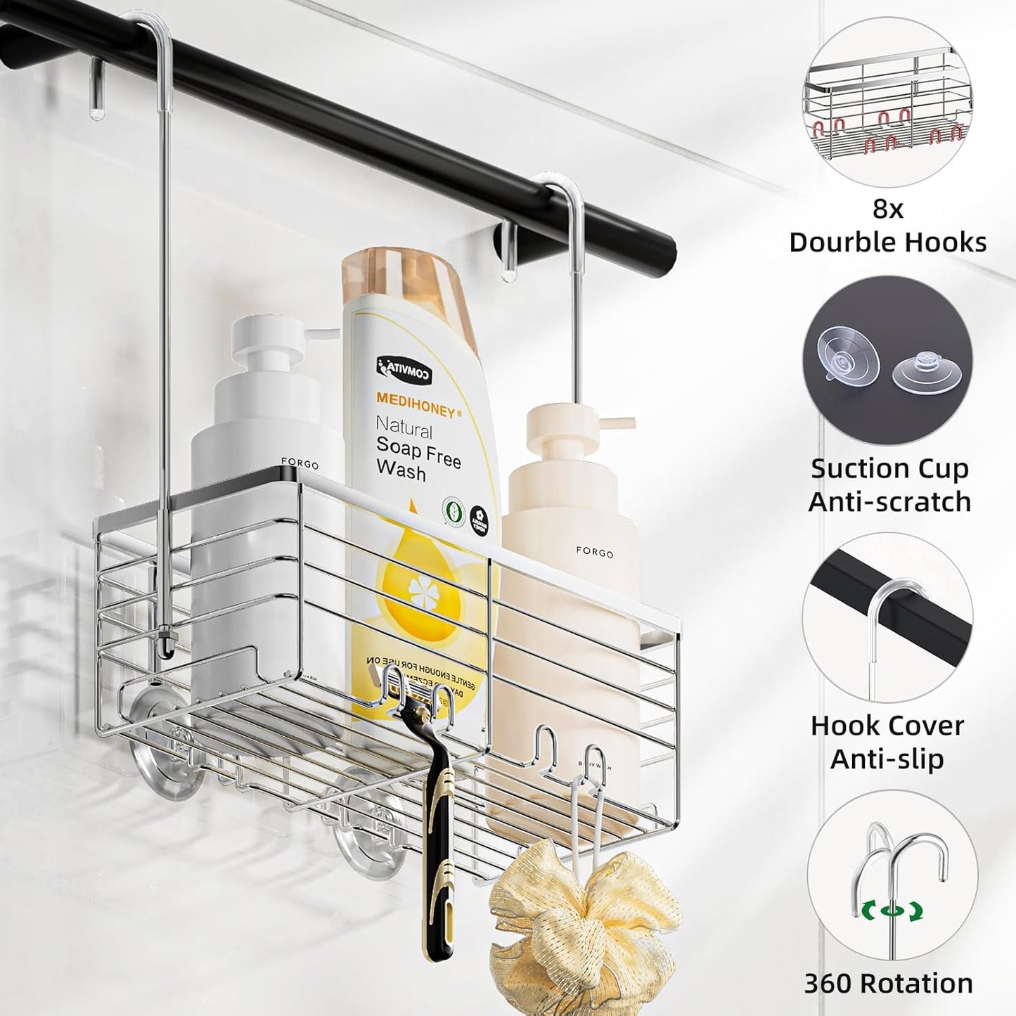 SHANSHUI Shower Caddy - Rustproof 304 Stainless Steel Bathroom Organizer with Hooks | Over Door Design