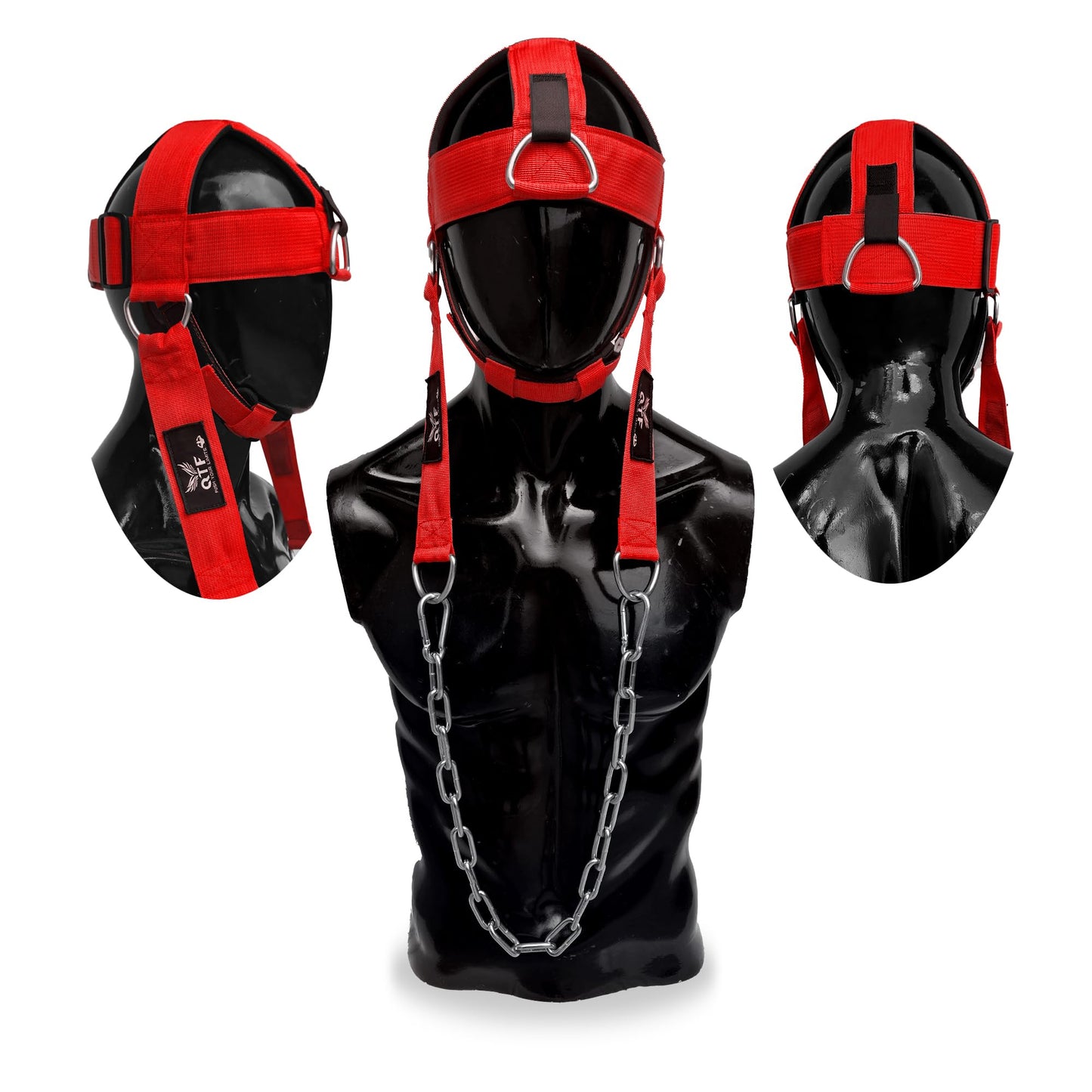QTF Neck Harness Weight Lifting Training, Neck Builder Thick Neoprene Padded Adjustable Chin & Head Strap, Neck Workout Head Harness Heavy Duty Steel Chain (Red)