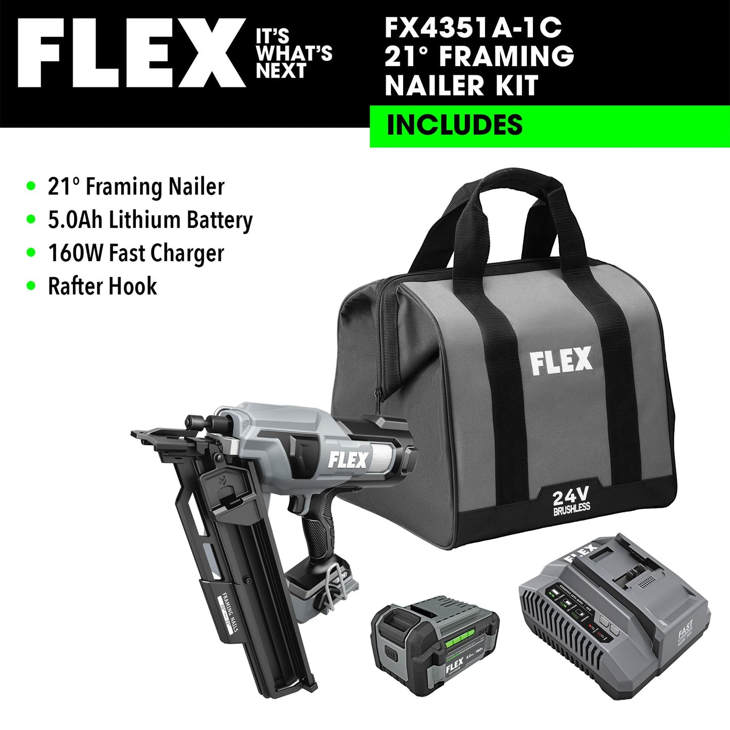 FLEX 24V Brushless 21° Framing Nailer Kit, Zero Ramp-up Time, 3 Nails/Sec, Ideal for Framing, Sheathing and Decking, w/ 5.0Ah Lithium Battery & 160W Fast Charger - FX4351A-1C