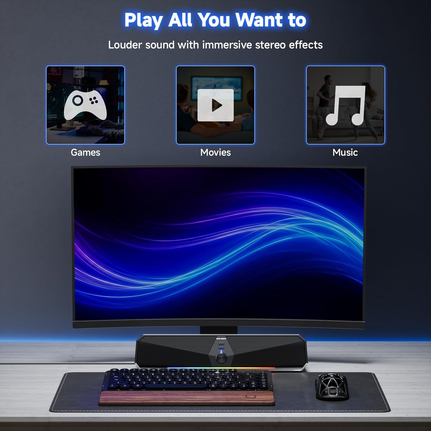SENZER CS30 Bluetooth Computer Speakers for Desktop, USB Plug & Play PC Speakers with Dynamic LED Light, Stereo Sound