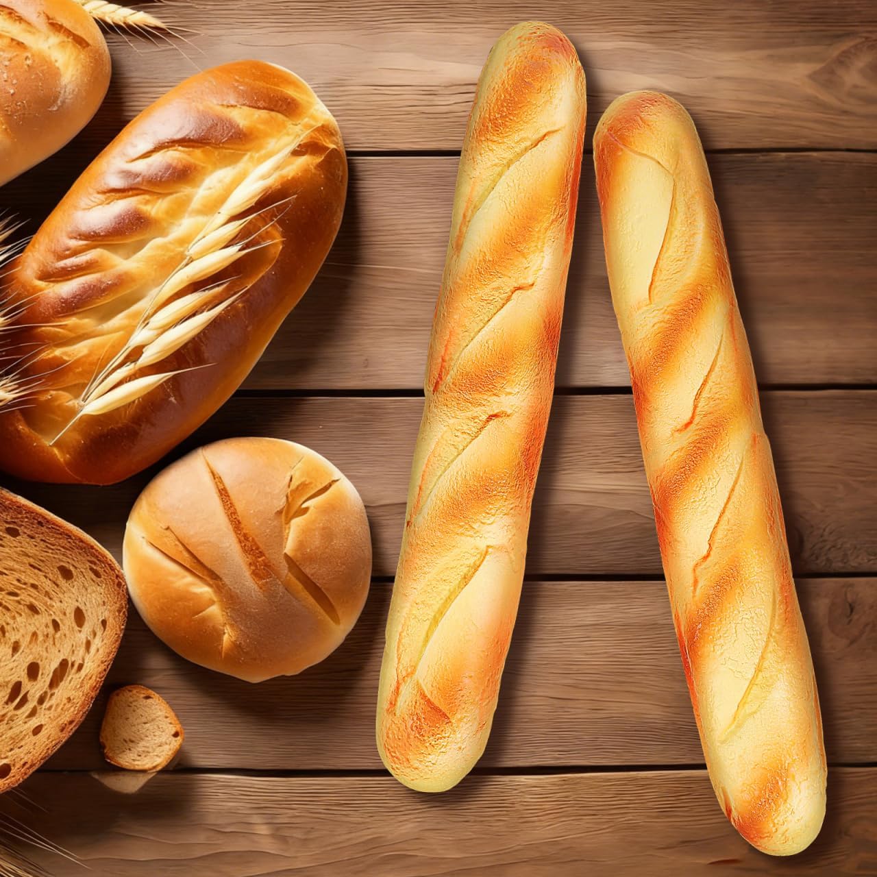 2PCS 13.6" Homoyoyo Realistic Fake Bread Long Artificial French Bread Loaves Soft Squishy PU Golden Color - Fake Food