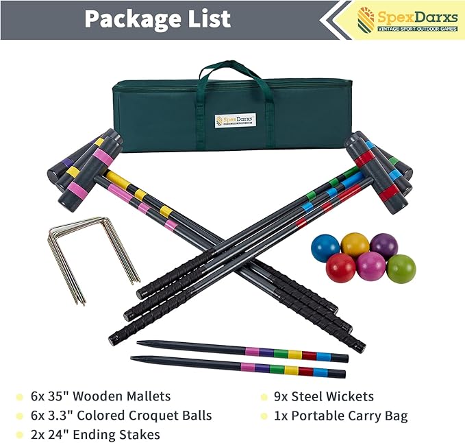 Six Player Deluxe Croquet Set, 35'' Croquette Game with Premium Wooden Mallets/Colored Balls/Wickets/Stakes/Carrying Bag, Outdoor Lawn Backyard Games for Teens Adults Family