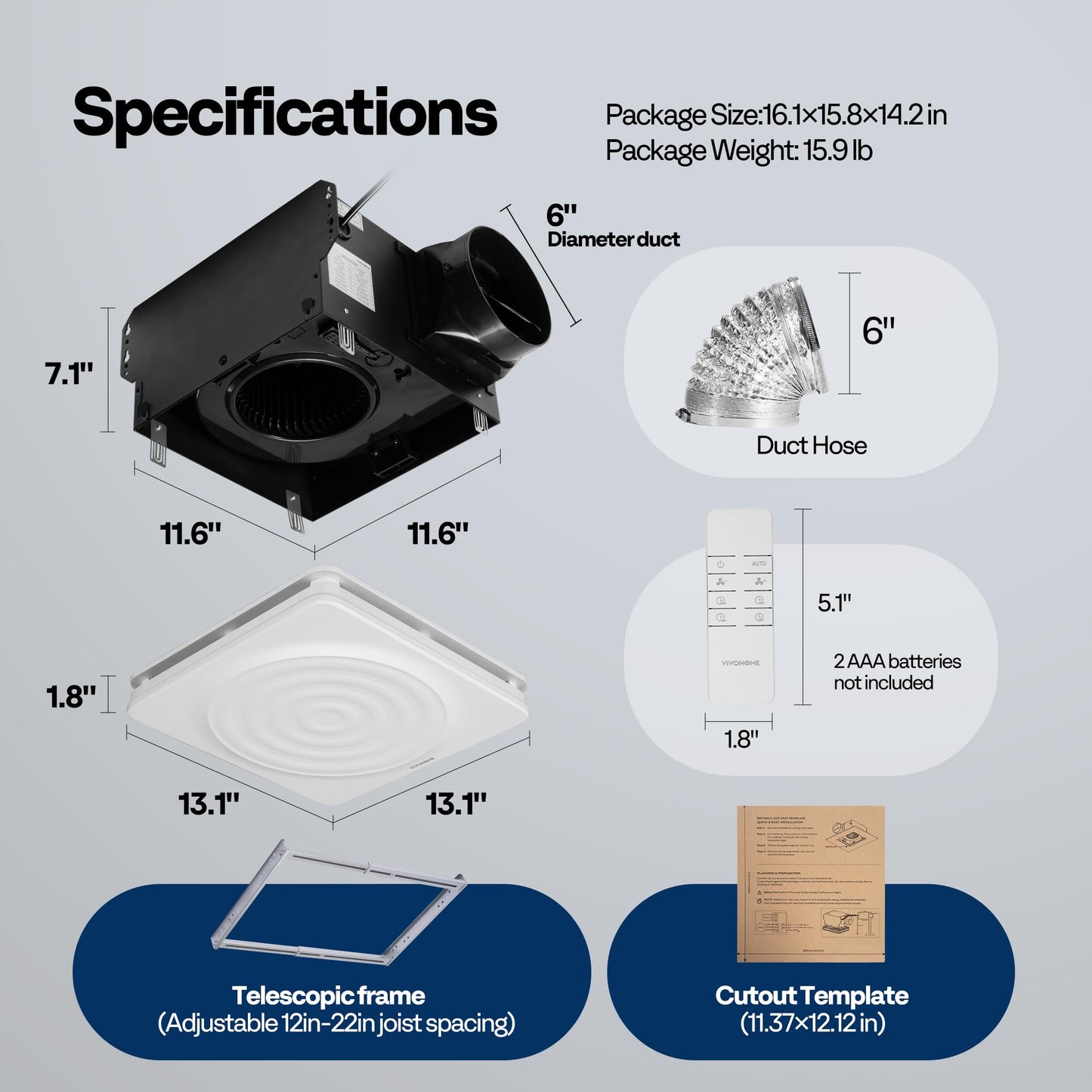 VIVOHOME 240 CFM Bathroom Exhaust Fan with Humidity Sensor - 1.6 Sones Quiet Energy-Saving EC Motor, 6-Speed AutoFlow Remote, 11 x 12 in Easy Retrofit, 6-Inch Duct Kit Included