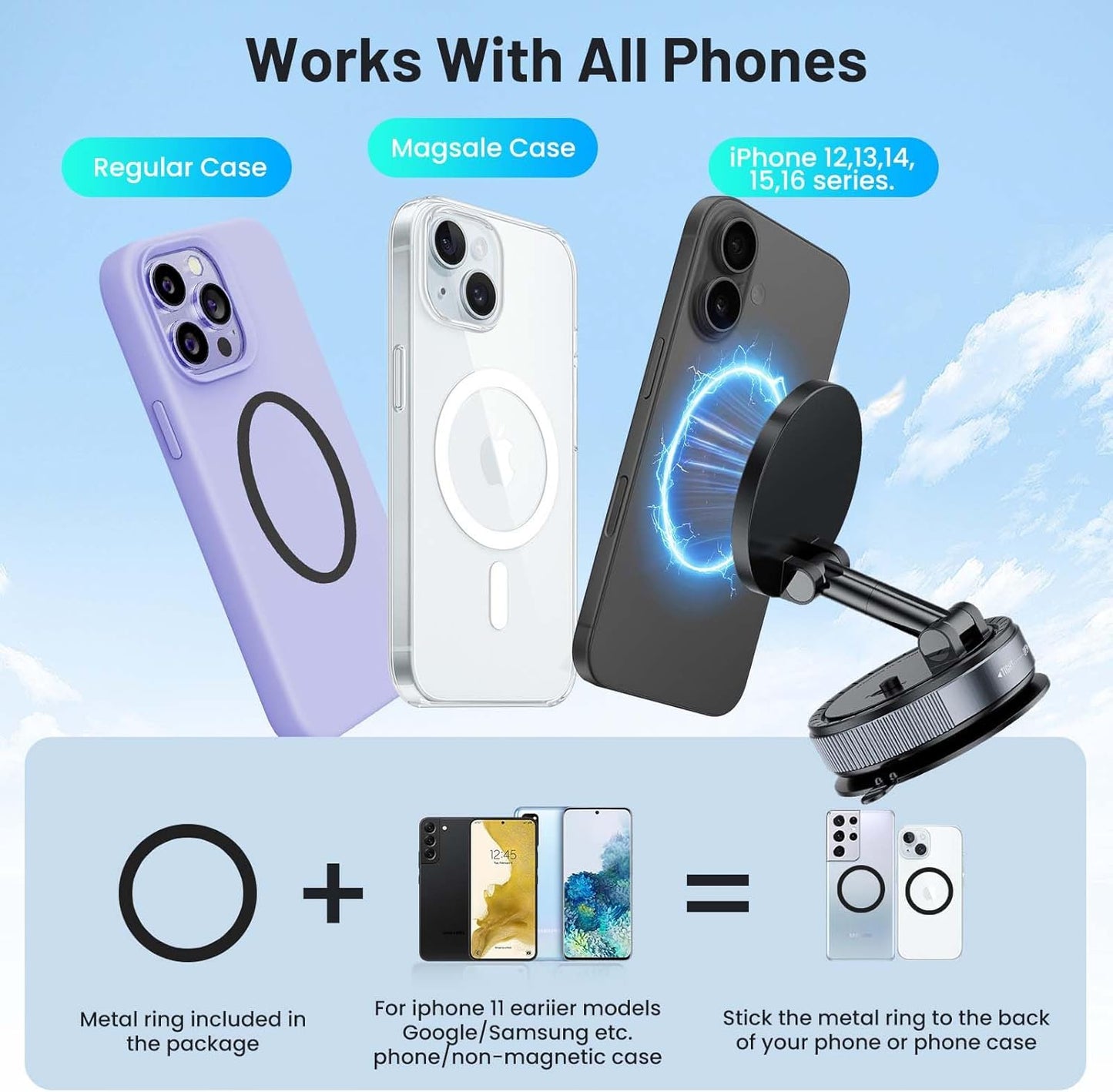 Crazytree 360Adjustable Magnetic Phone Holder for Car, Suction Cup Phone Mount, Foldable Vacuum Magnetic Phone Holder